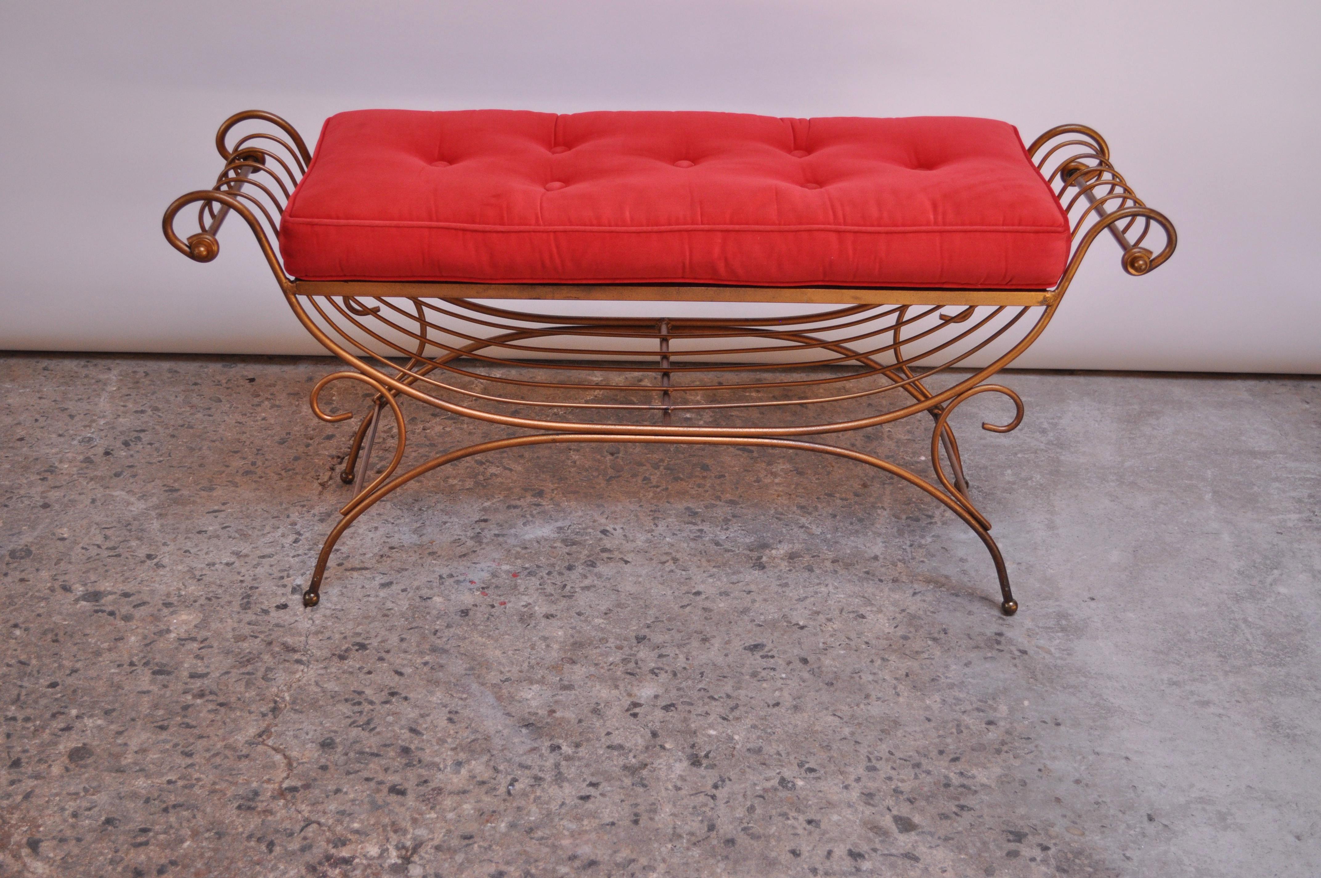 Italian Patinated Brass Bench with Cushion In Good Condition In Brooklyn, NY