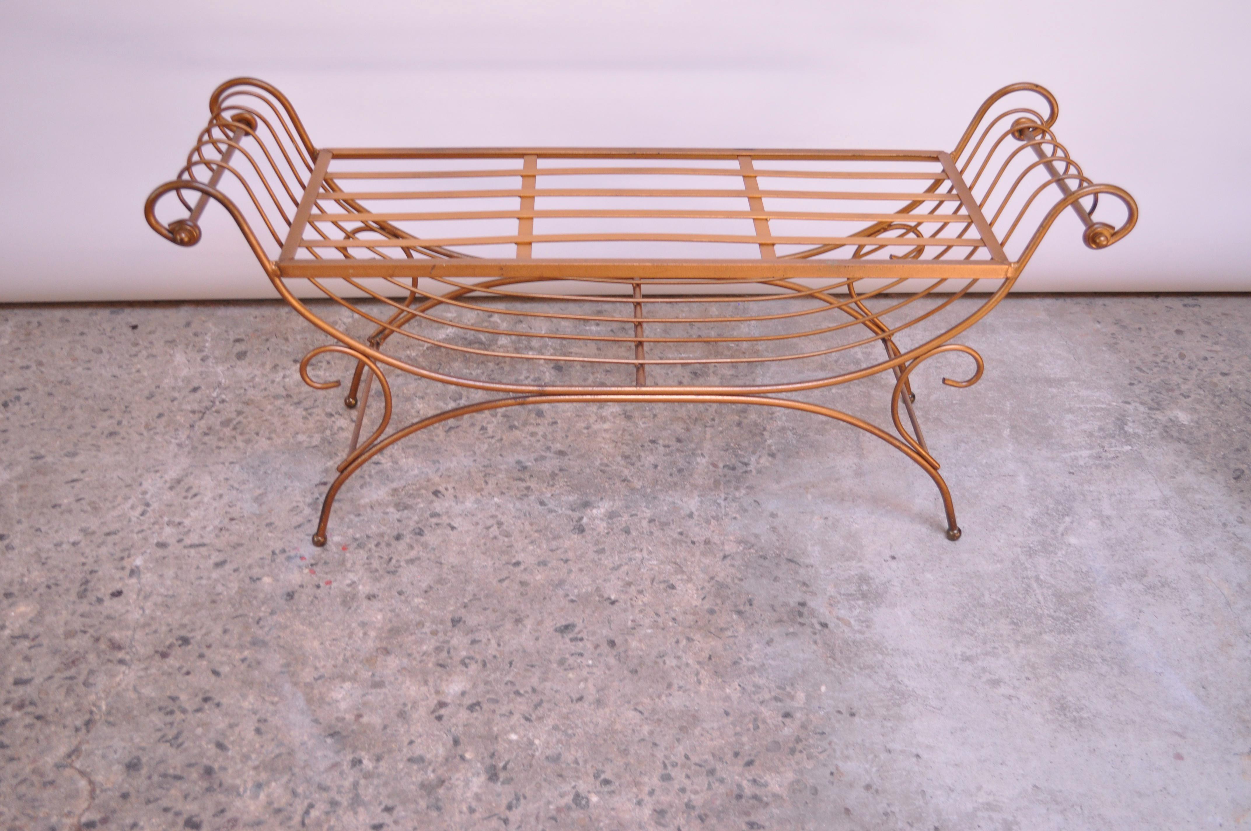 Italian Patinated Brass Bench with Cushion 4