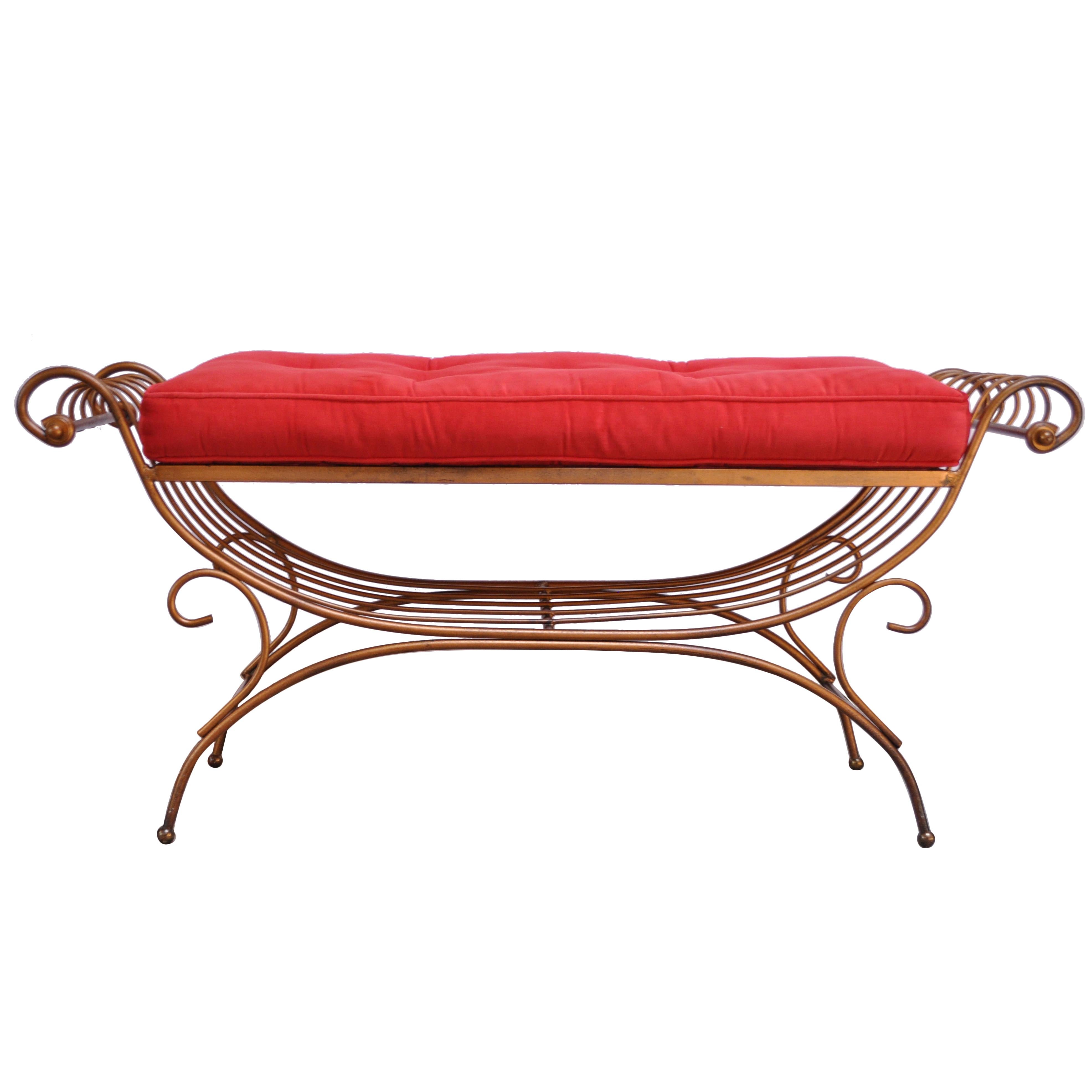 Italian Patinated Brass Bench with Cushion