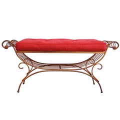 Italian Patinated Brass Bench with Cushion