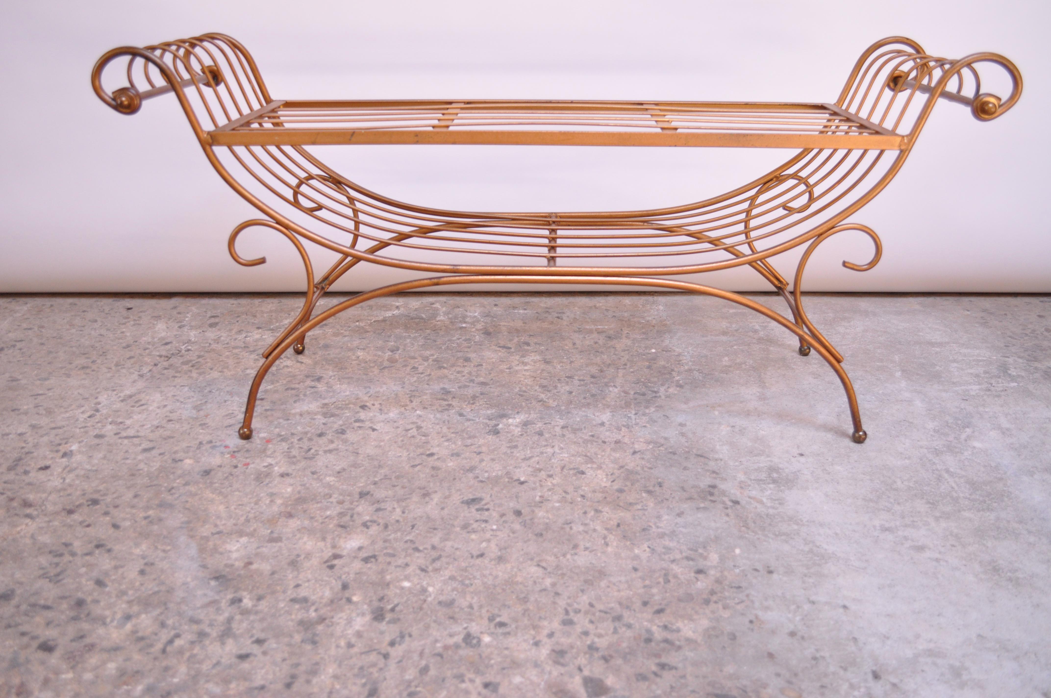 Italian Patinated Brass Bench with Cushion 3