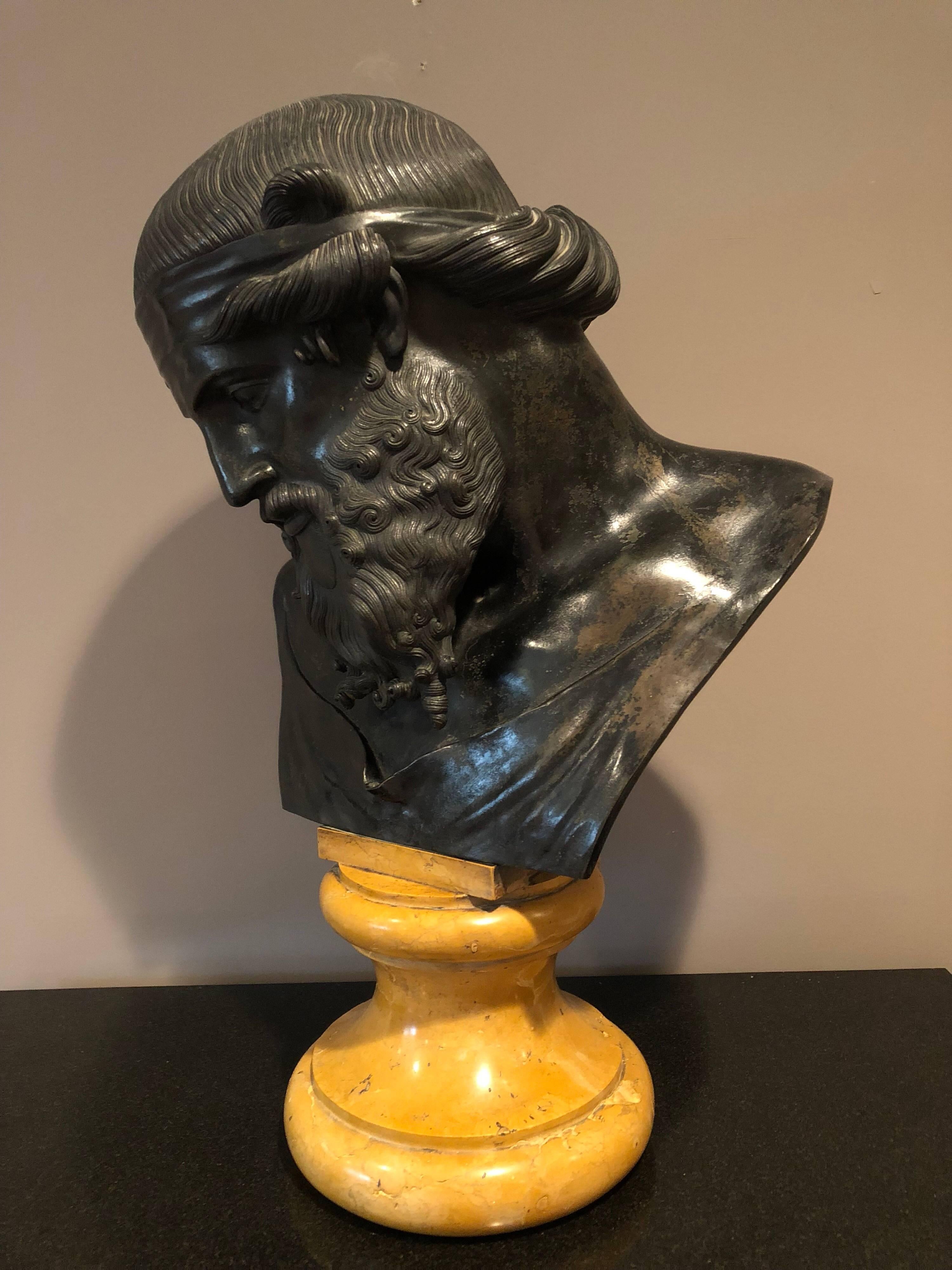 An Italian patinated bronze bust of Plato on Siena marble plinth. Cast by Chiurazzi Foundry, Naples. After the antique, Italy, circa 1875. 

 