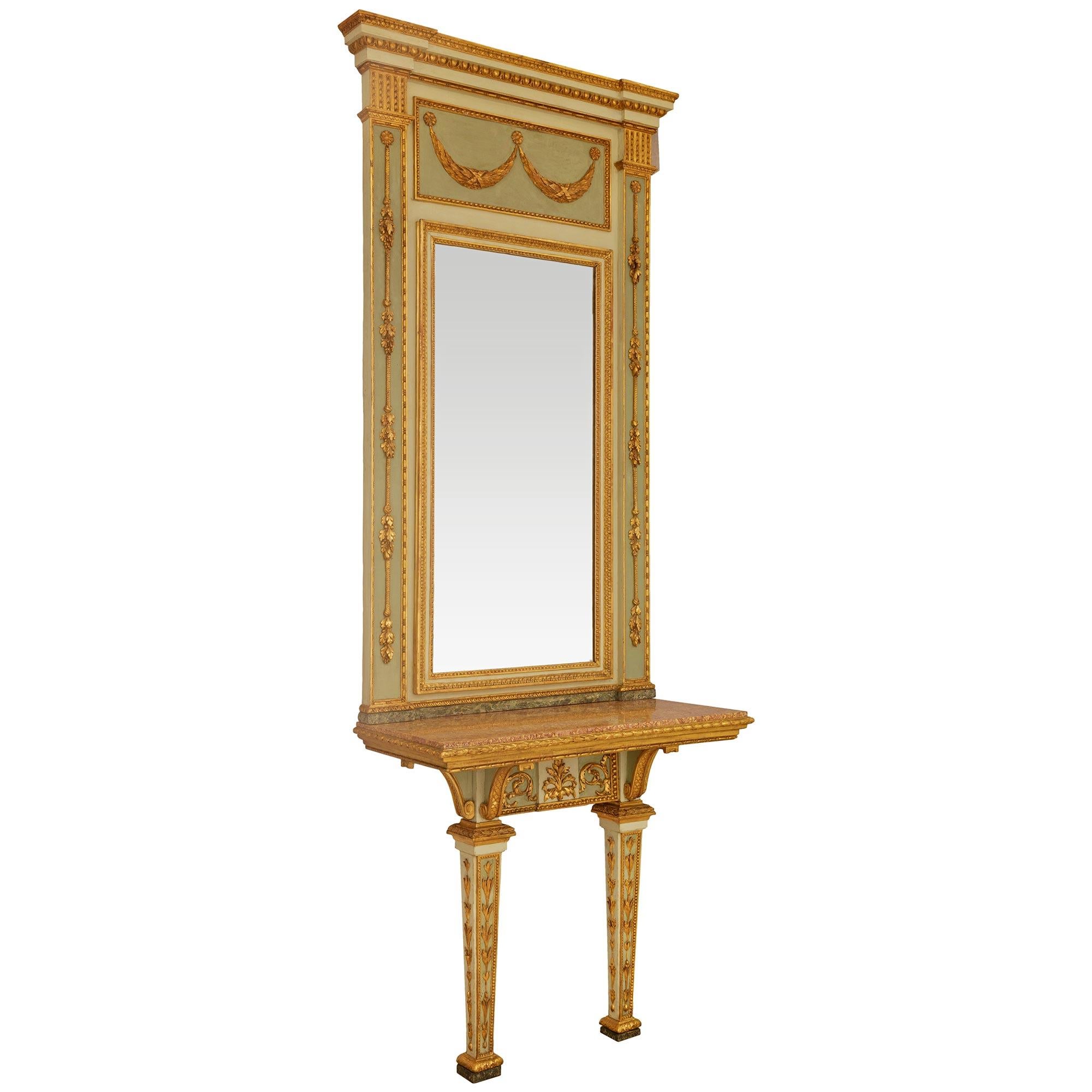 Espejo y consola Trumeau italianos de madera patinada y giltwood Luis XVI en venta