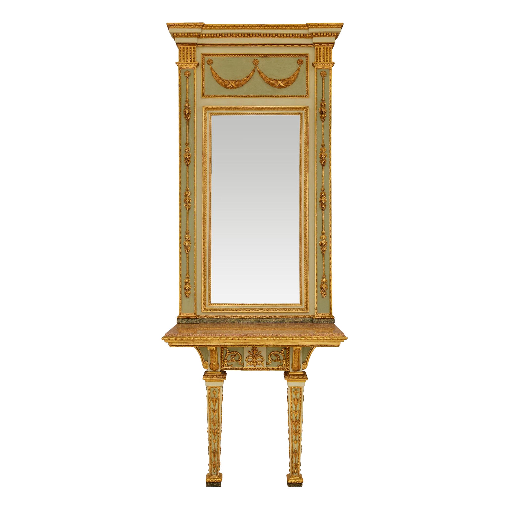 Miroir et console Trumeau en bois patiné et bois doré d'Italie