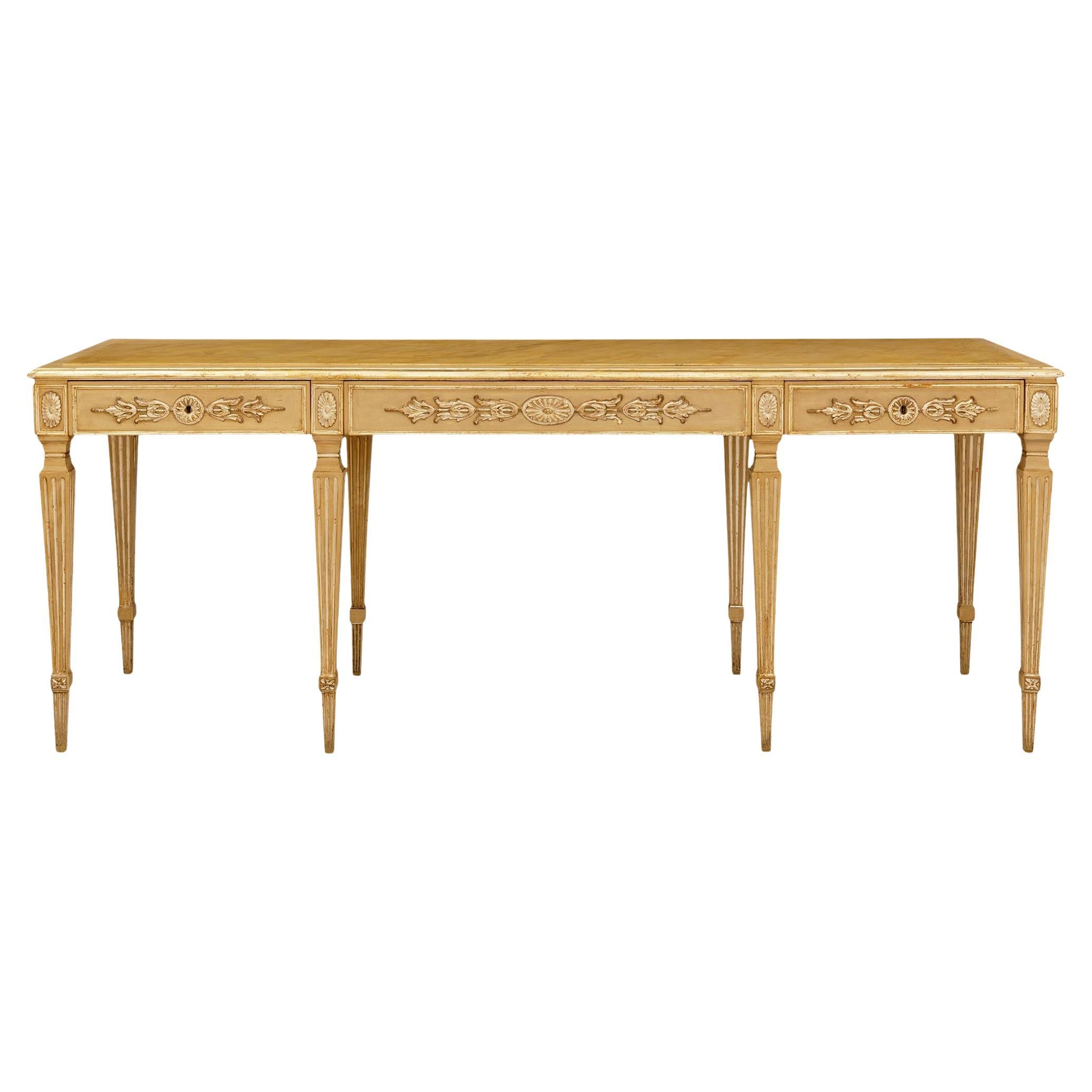Italian patinated wood, faux painted marble, and Silvered Mecca center table For Sale