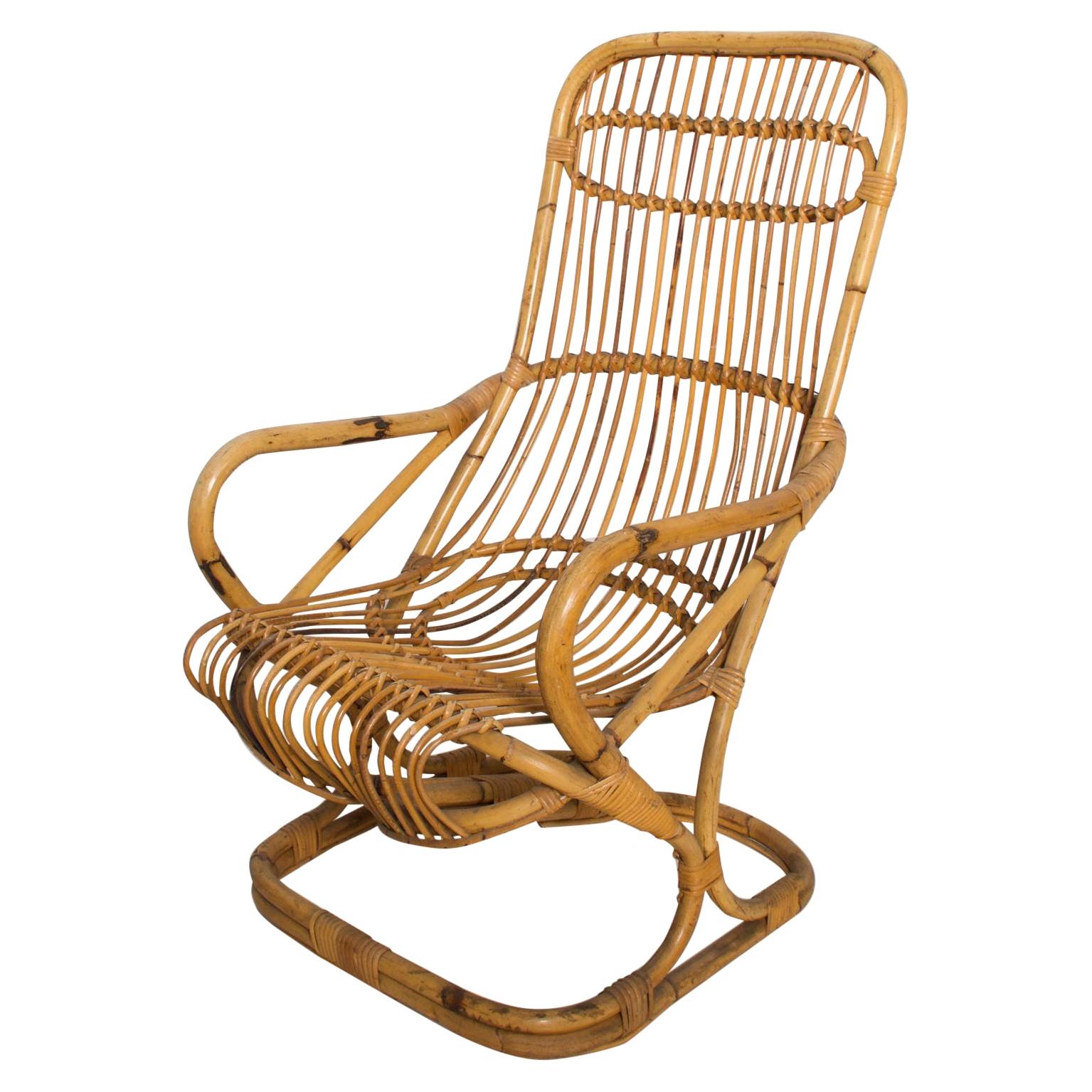 Italian Patio Golden Woven Rattan & Bamboo Comfy Lounge Chair Modern Italy 1950s
