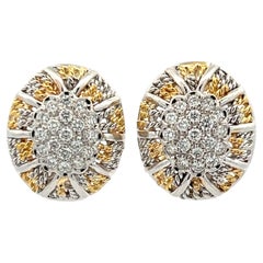 Italian Pavé Diamond 18 Karat Two Tone Textured Gold Oval Leverback Earrings 