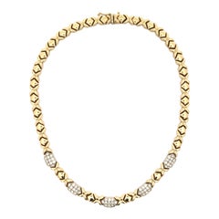 Italian Pavé Round Brilliant Cut Diamond 14 Karat Yellow Gold Link Necklace (collier à maillons en or jaune 14 carats)