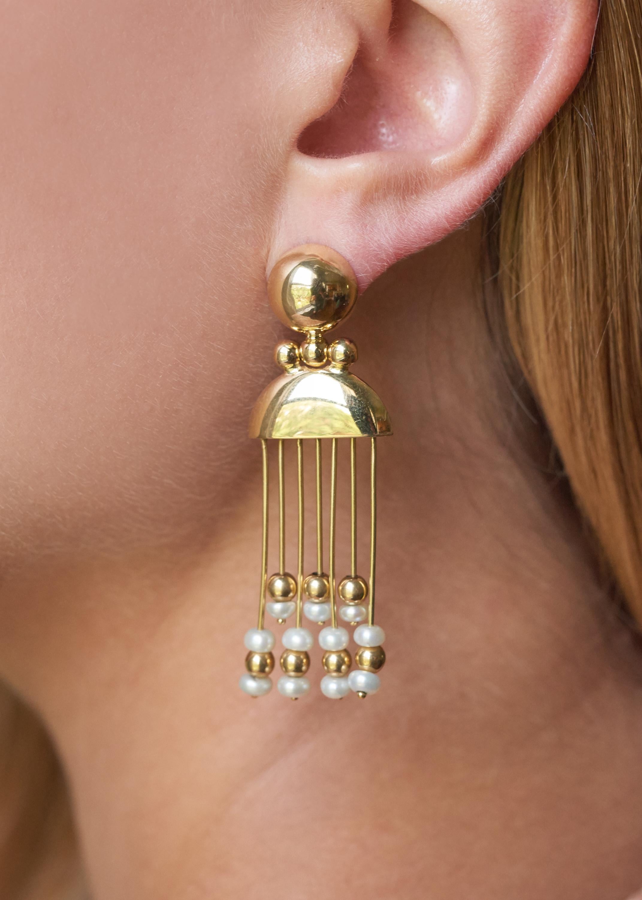 Bead Italian Pearl and 18 Karat Gold Fringe Earrings