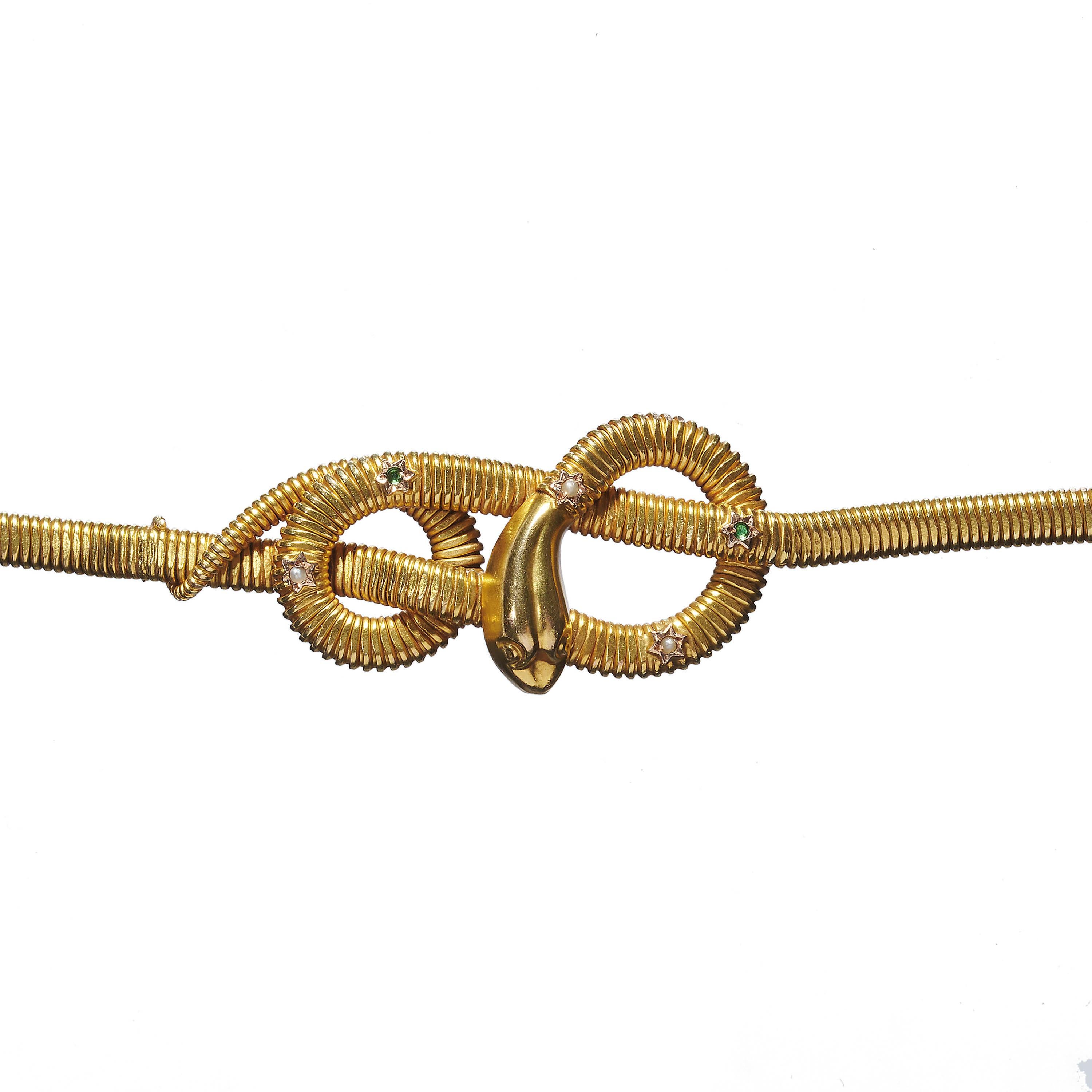 Italienisches Gaspipe-Schlangenarmband aus Perlen, Smaragden und Gold, um 1940 (Rundschliff) im Angebot
