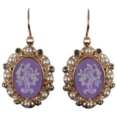 Italian Pearls and Crystals Flower Cameo Earrings