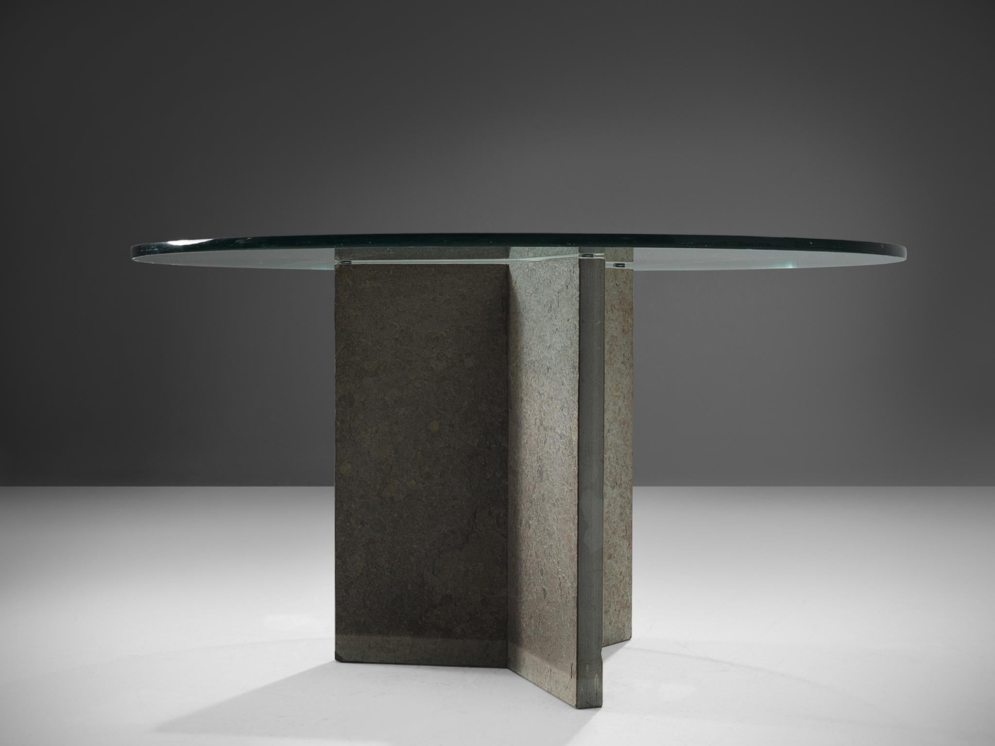 Late 20th Century Italian Pedestal Center Table with Stone and Glass