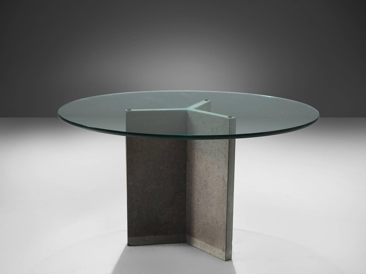 Dining table, stone, glass, Italy, circa 1970. 

This strong and sturdy stone and glass centre table is exemplary for the postmodern design of the post-war Italian era. This stone pedestal table has a playful yet hefty stone tripod foot. This