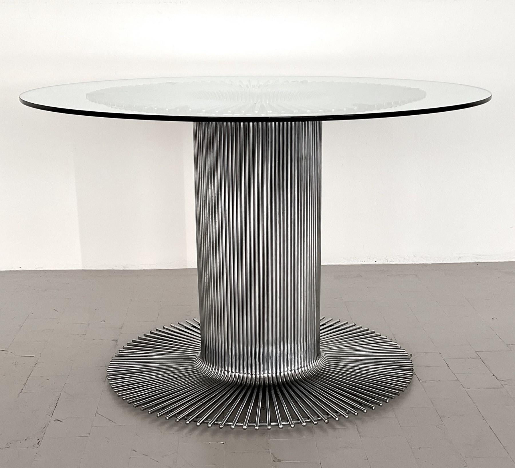 Metal Italian Pedestal Dining Table in Chrome and Glass For Sale