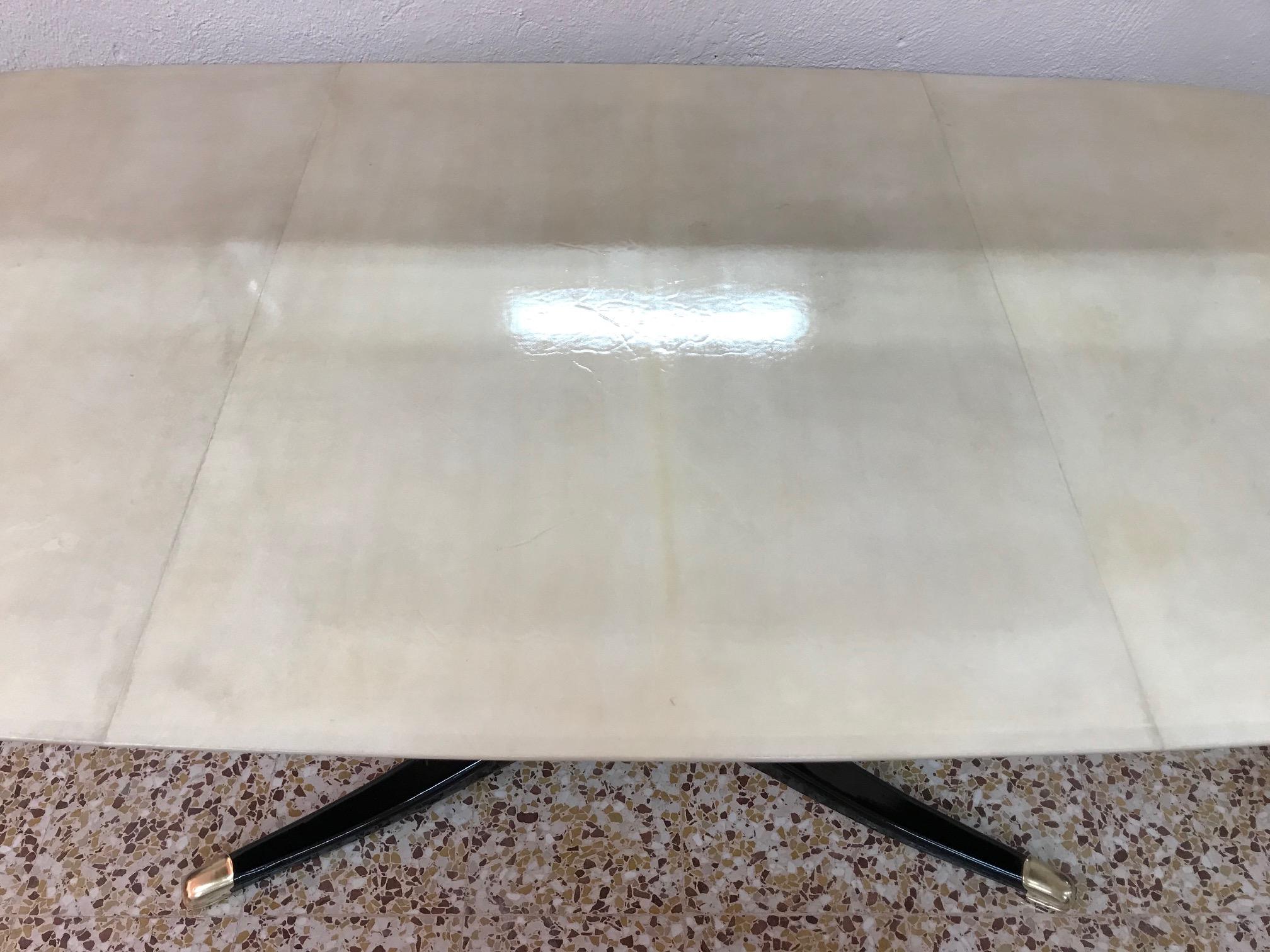 Brass Italian Pedestal Dining Table in Parchment and Gold Leaf, 1950s