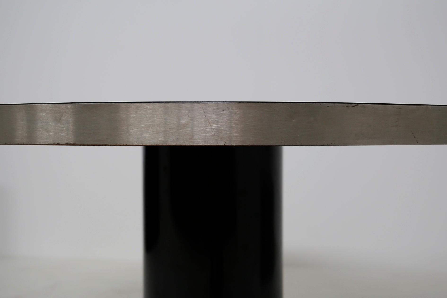 Italian Pedestal Round Table by Willy Rizzo in Steel and Wood Black, 1970s In Good Condition In Milano, IT