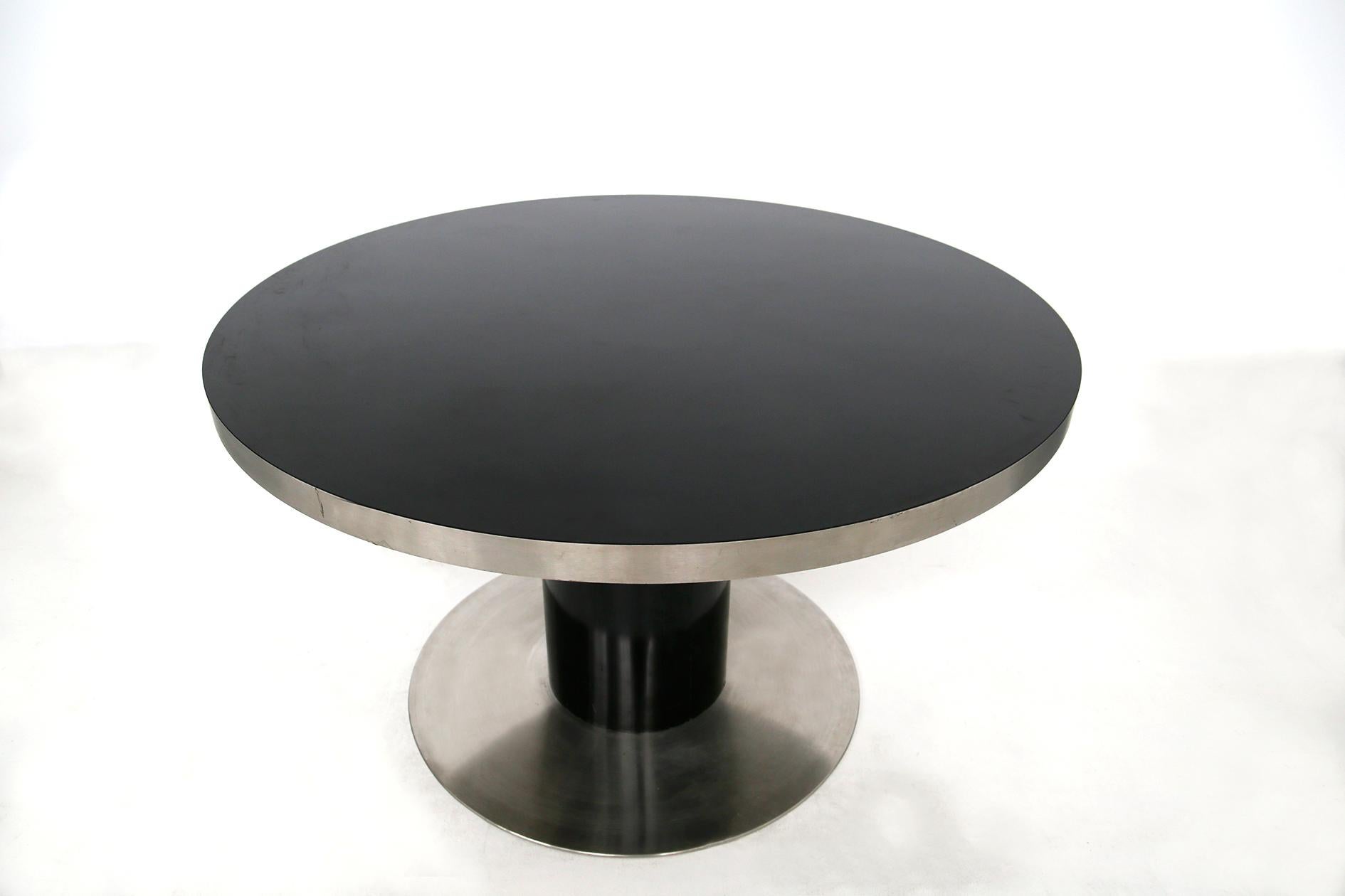 Late 20th Century Italian Pedestal Round Table by Willy Rizzo in Steel and Wood Black, 1970s