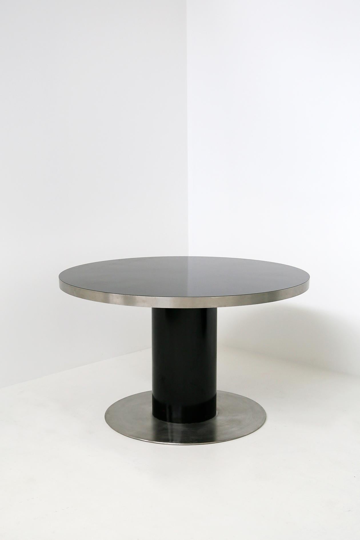Italian Pedestal Round Table by Willy Rizzo in Steel and Wood Black, 1970s 2