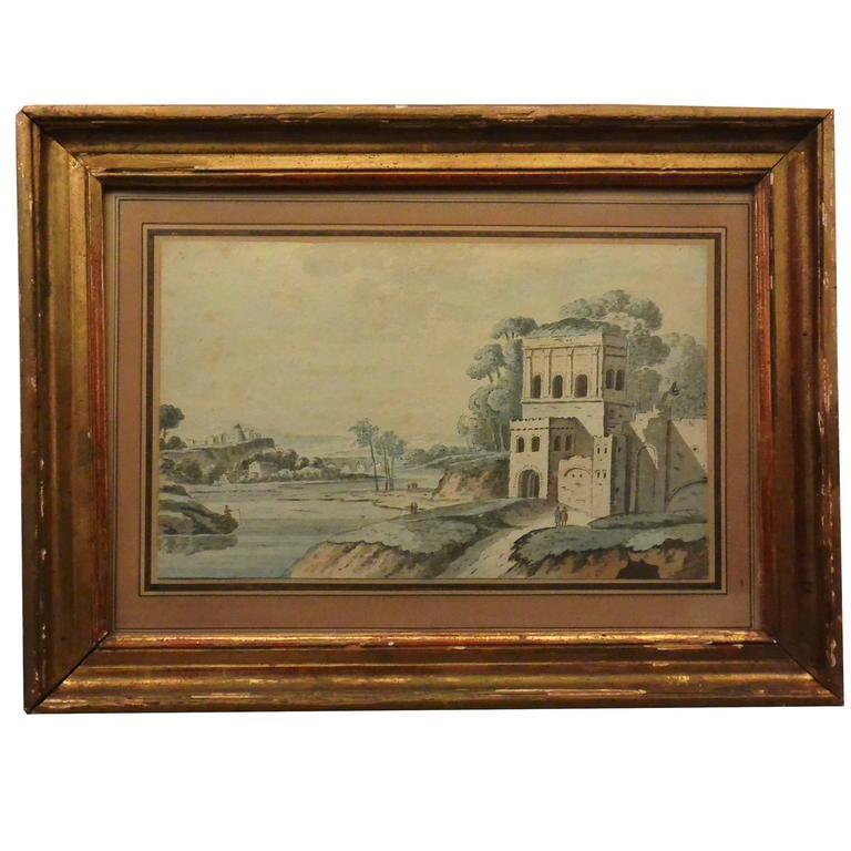 Hand-Painted Italian Pen and Ink Landscape For Sale