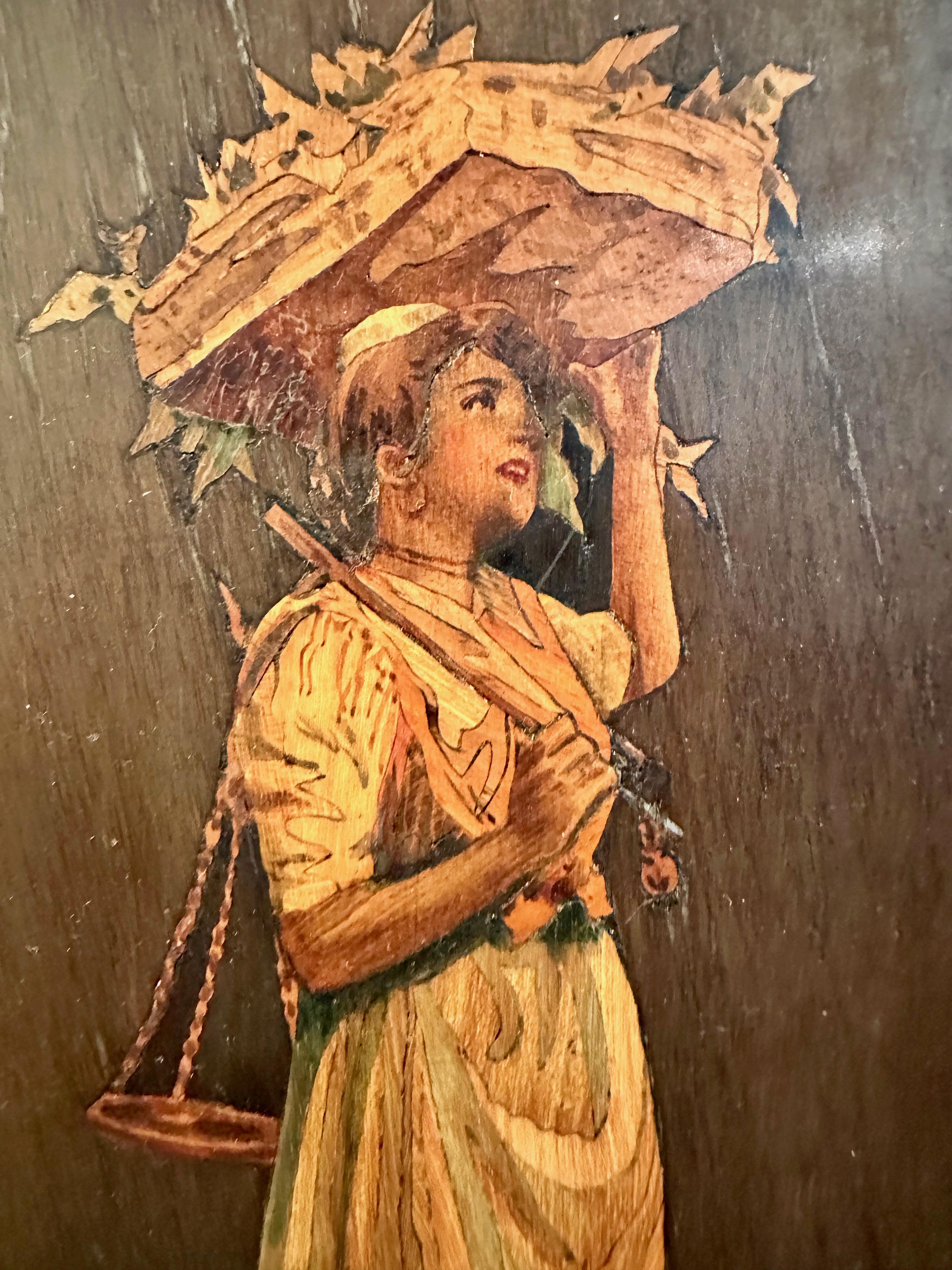 Incrusté Plaque italienne en bois fruitier travaillé à la plume et en intarsia, signée A Gargiulo, fin du 19e siècle. en vente