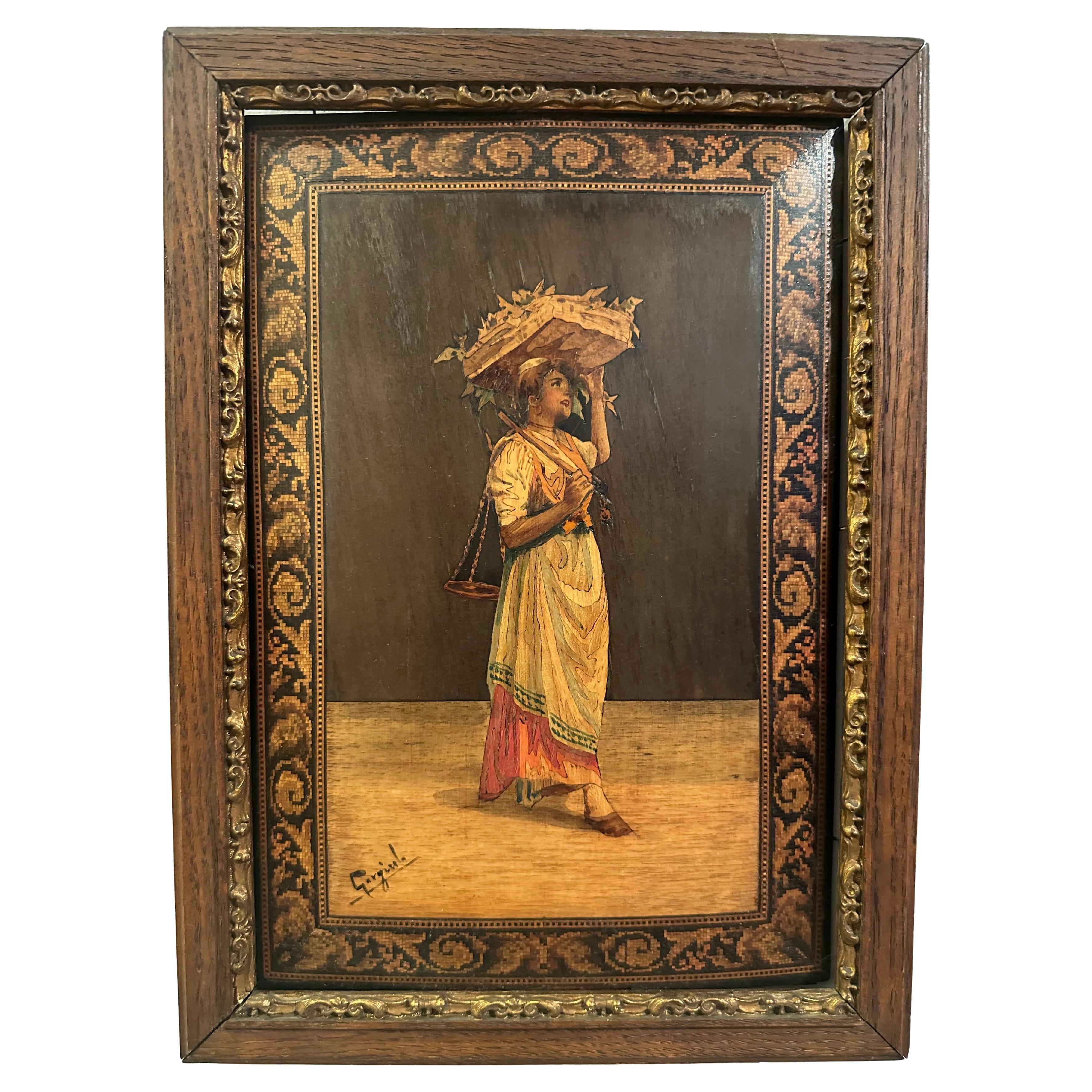 Plaque italienne en bois fruitier travaillé à la plume et en intarsia, signée A Gargiulo, fin du 19e siècle. en vente