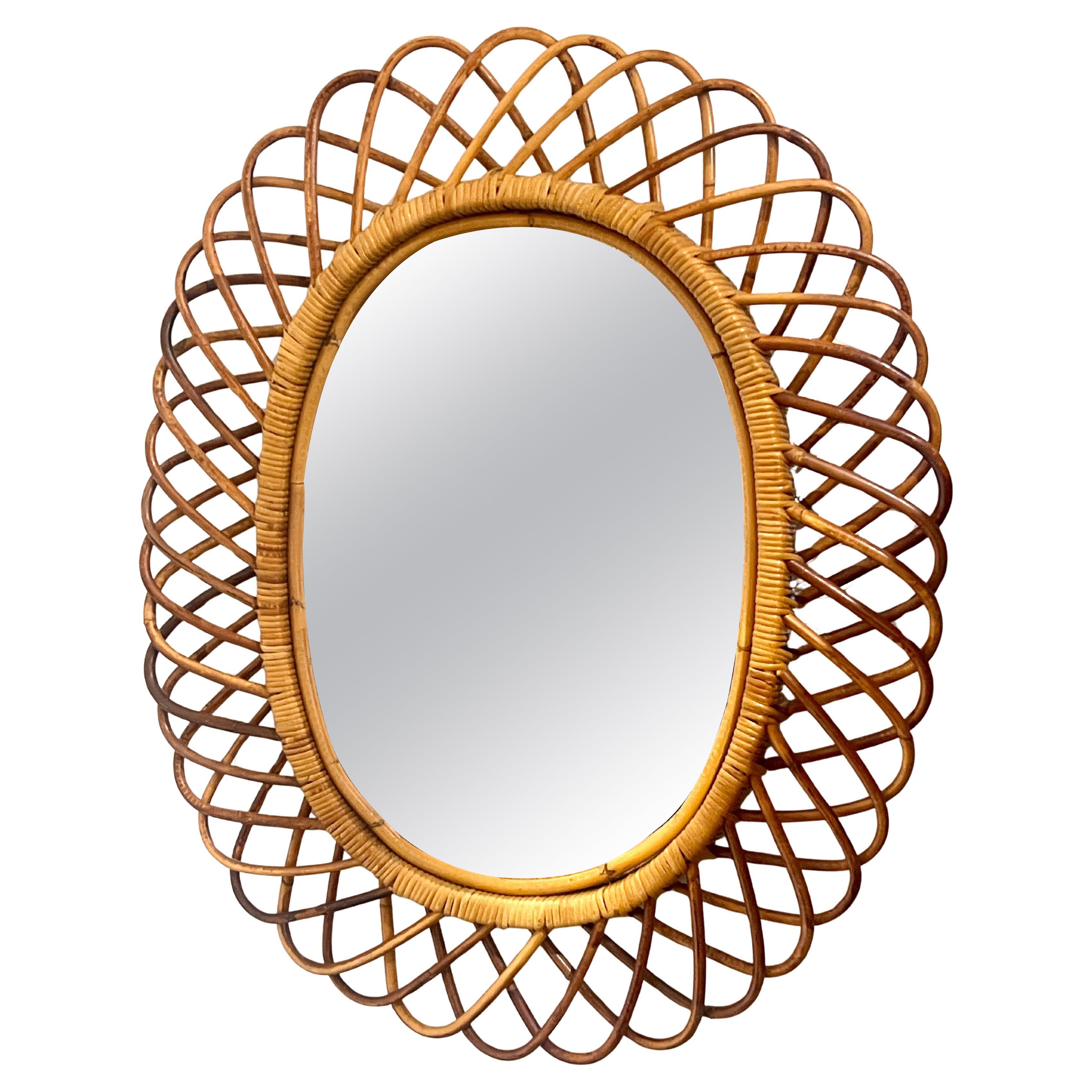 Italian  Pencil Bamboo Oval Mirror by Franco Albini, C.1960