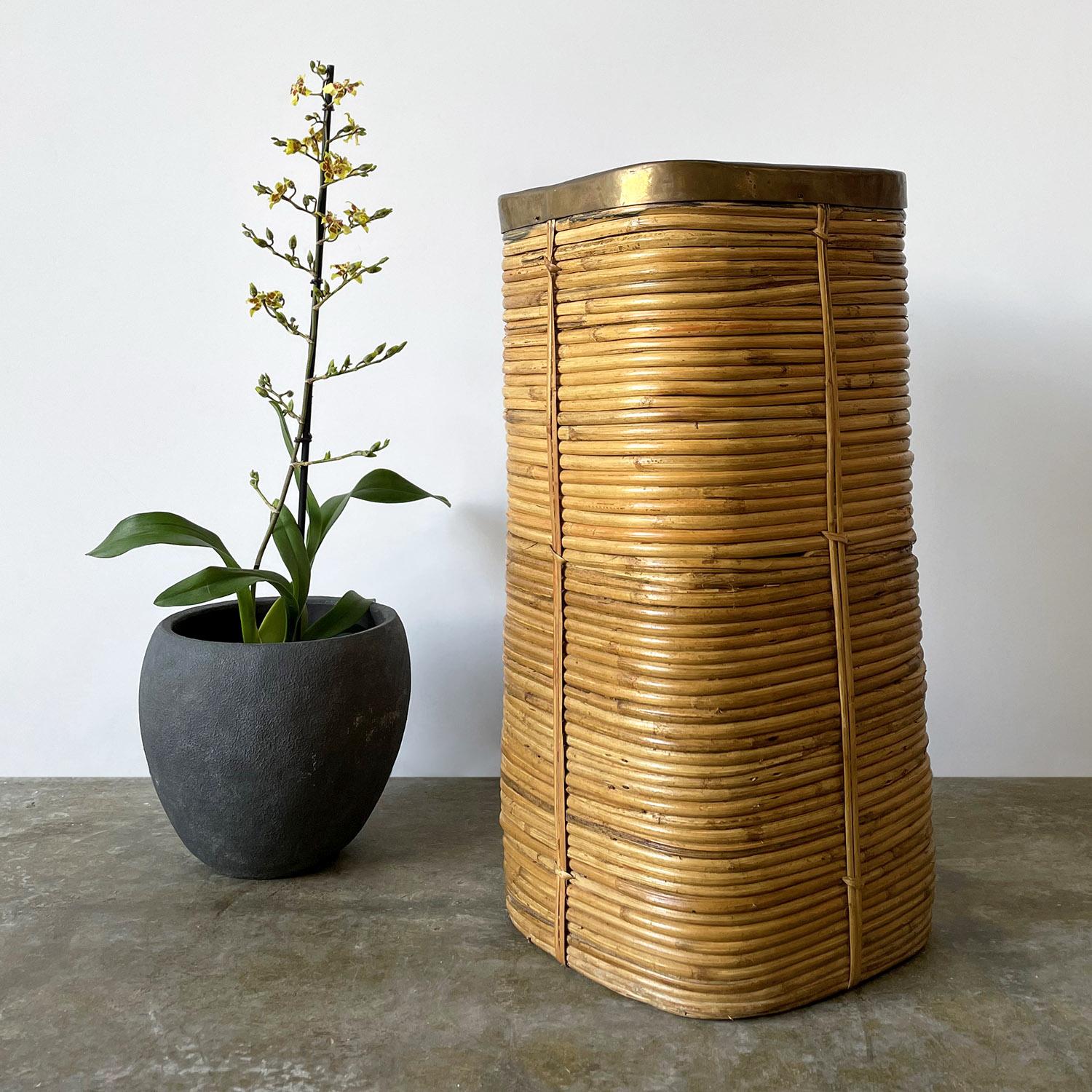 Brass Italian Pencil Reed Bamboo Planter Bin in the style of Gabriella Crespi For Sale