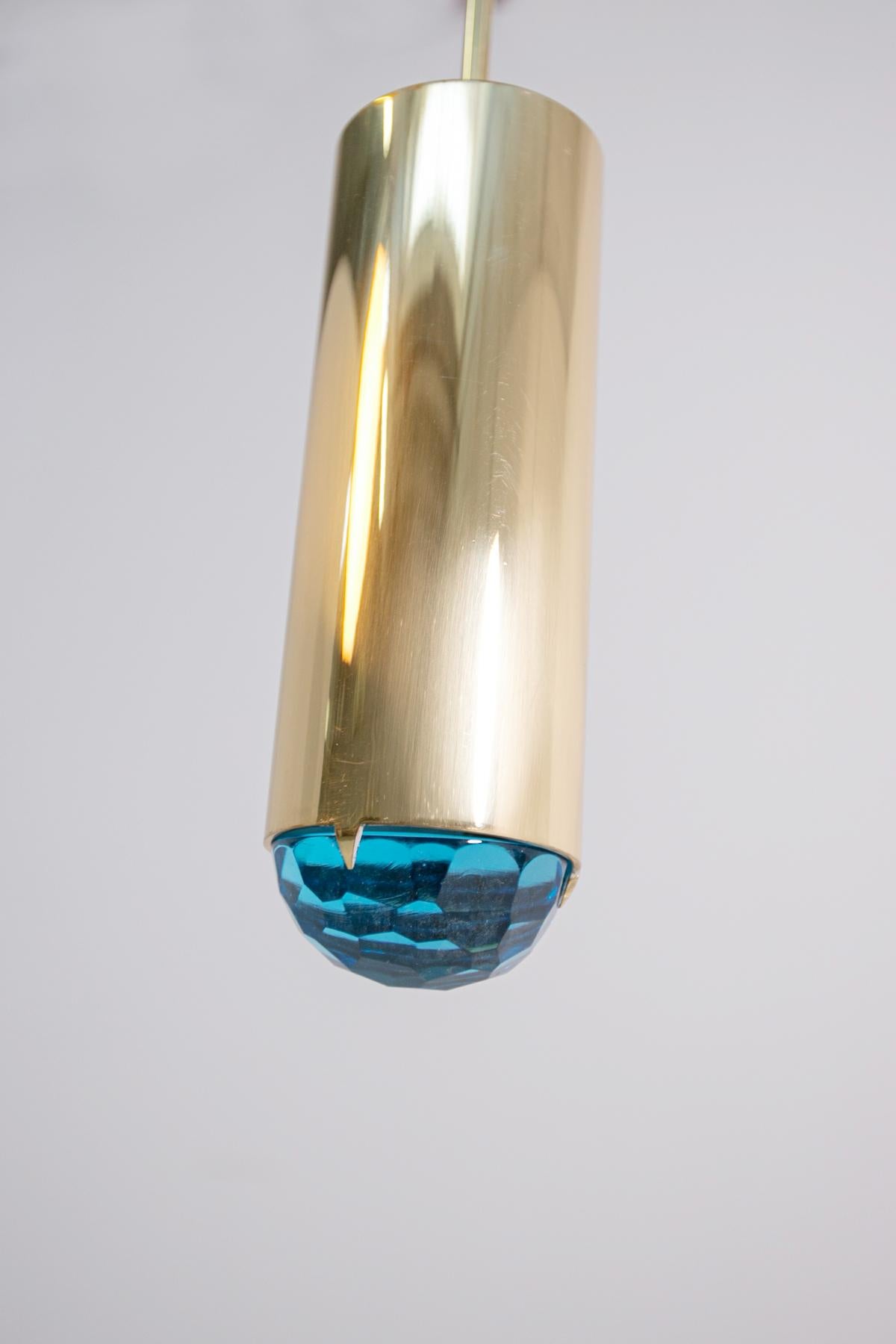 Italian Pendant by Ghirò in Brass and Blue Glass, Signed 2020 For Sale 5