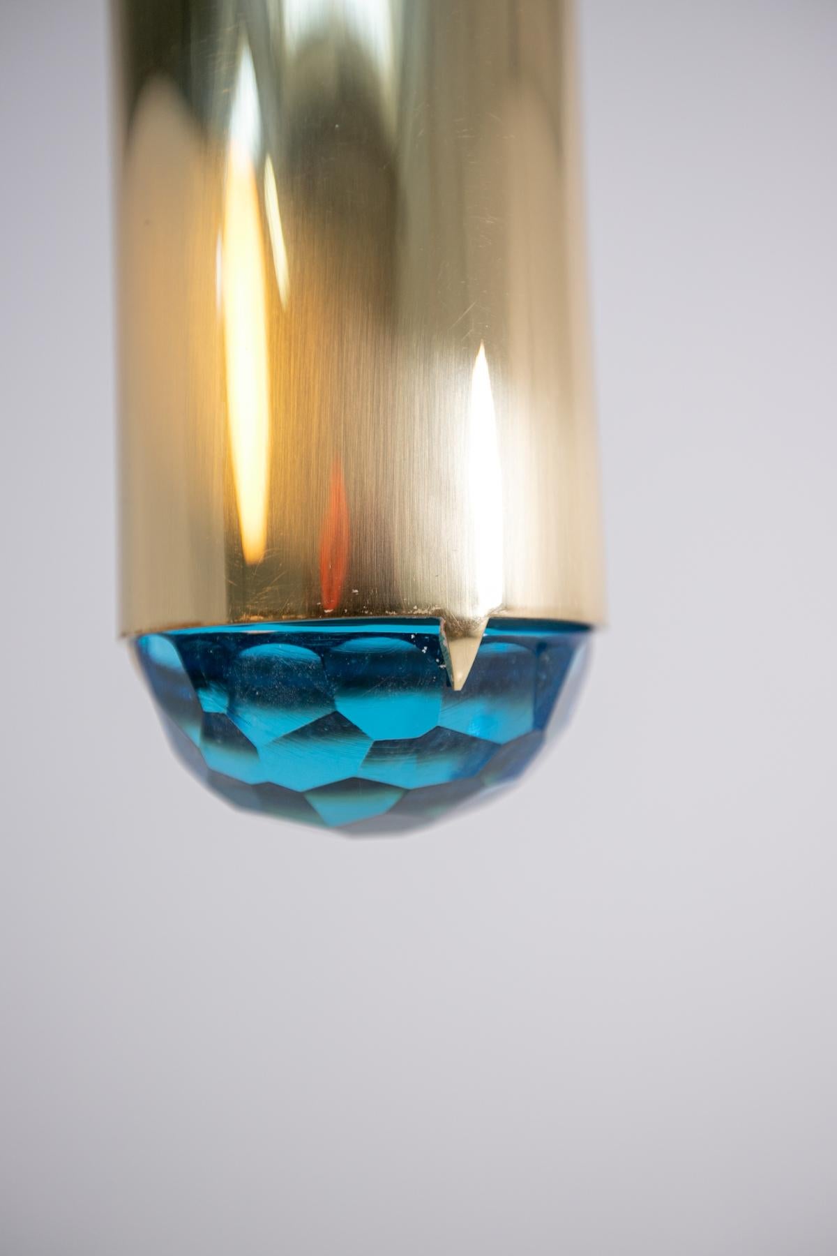 Modern Italian Pendant by Ghirò in Brass and Blue Glass, Signed 2020 For Sale