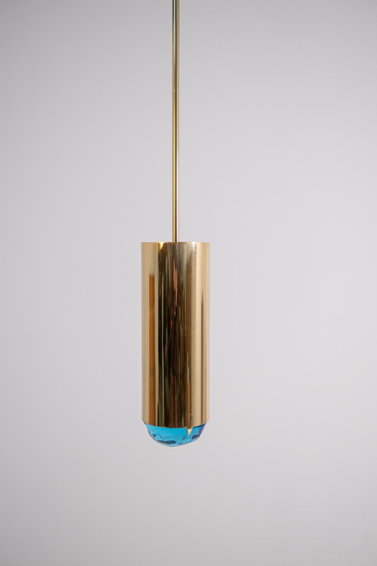 Contemporary Italian Pendant by Ghirò in Brass and Blue Glass, Signed 2020 For Sale