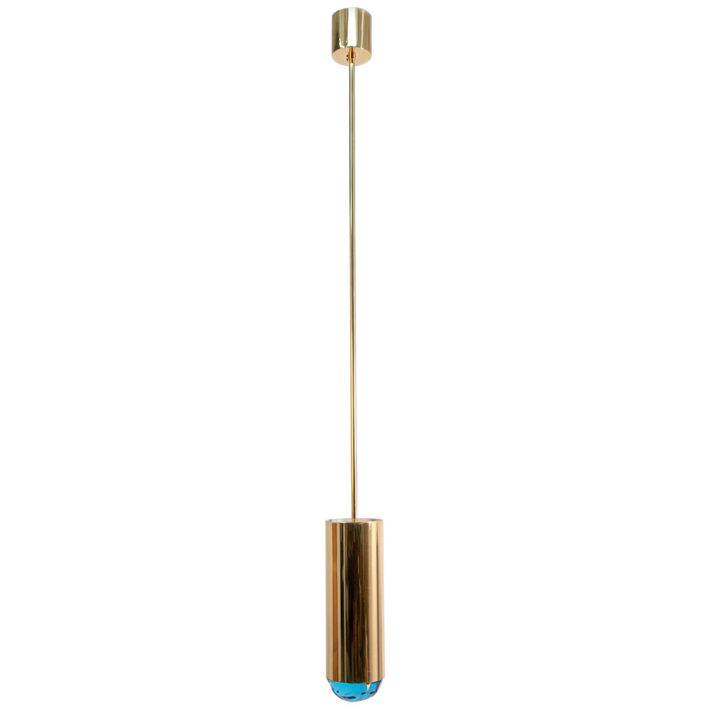 Lampe à suspension italienne Ghir en laiton et verre bleu, signée 2020 en vente