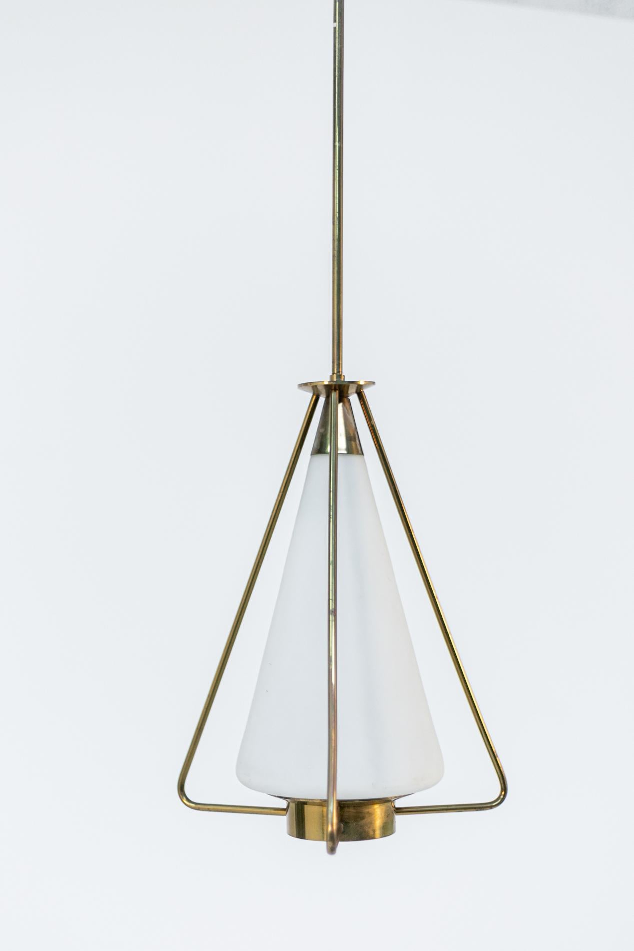 Mid-20th Century Italian Pendant by Stilnovo in Brass and Opaline Glass