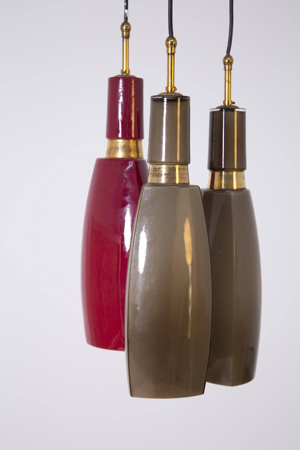 Mid-Century Modern Italian Pendant by Vistosi in Red Colored Opaline Glass and Brass, 1960s