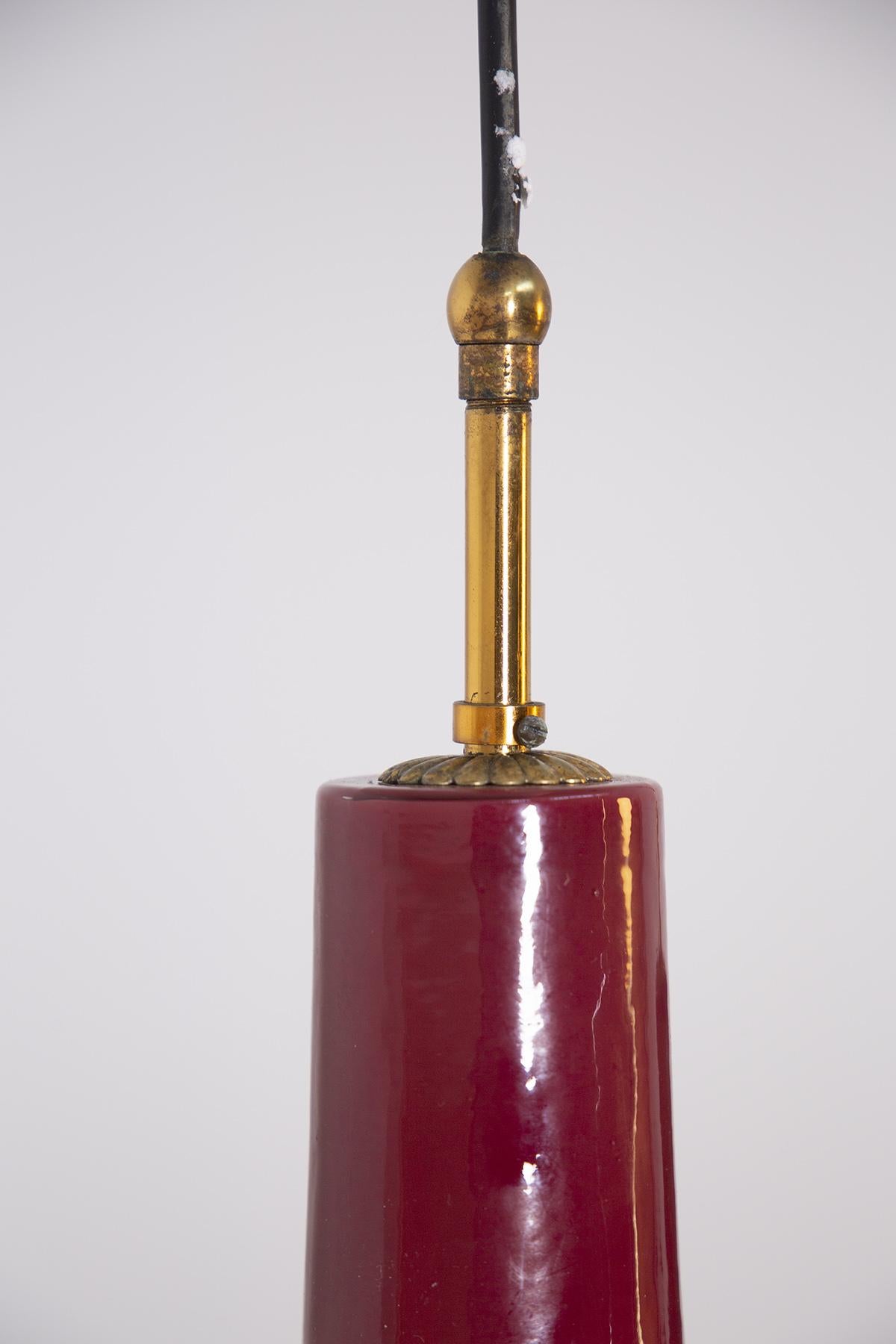 Italian Pendant by Vistosi in Red Colored Opaline Glass and Brass, 1960s 1