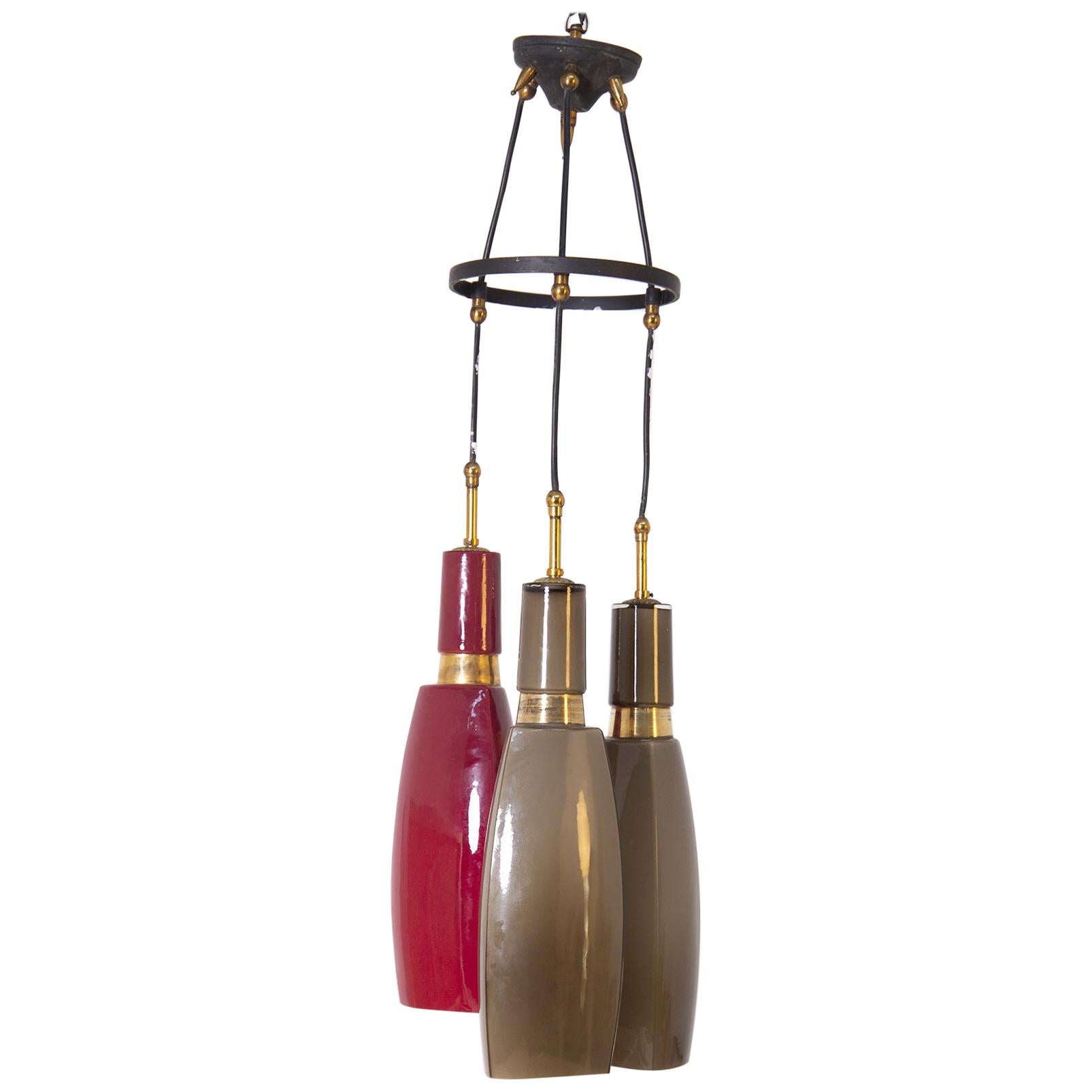Italian Pendant by Vistosi in Red Colored Opaline Glass and Brass, 1960s