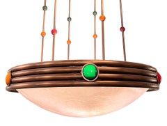 Italian Pendant Chandelier in Patinated Brass, Alabaster and Glass Paste, 1940s
