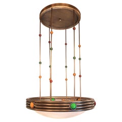 Italian Pendant Chandelier in Patinated Brass, Alabaster and Glass Paste, 1940s
