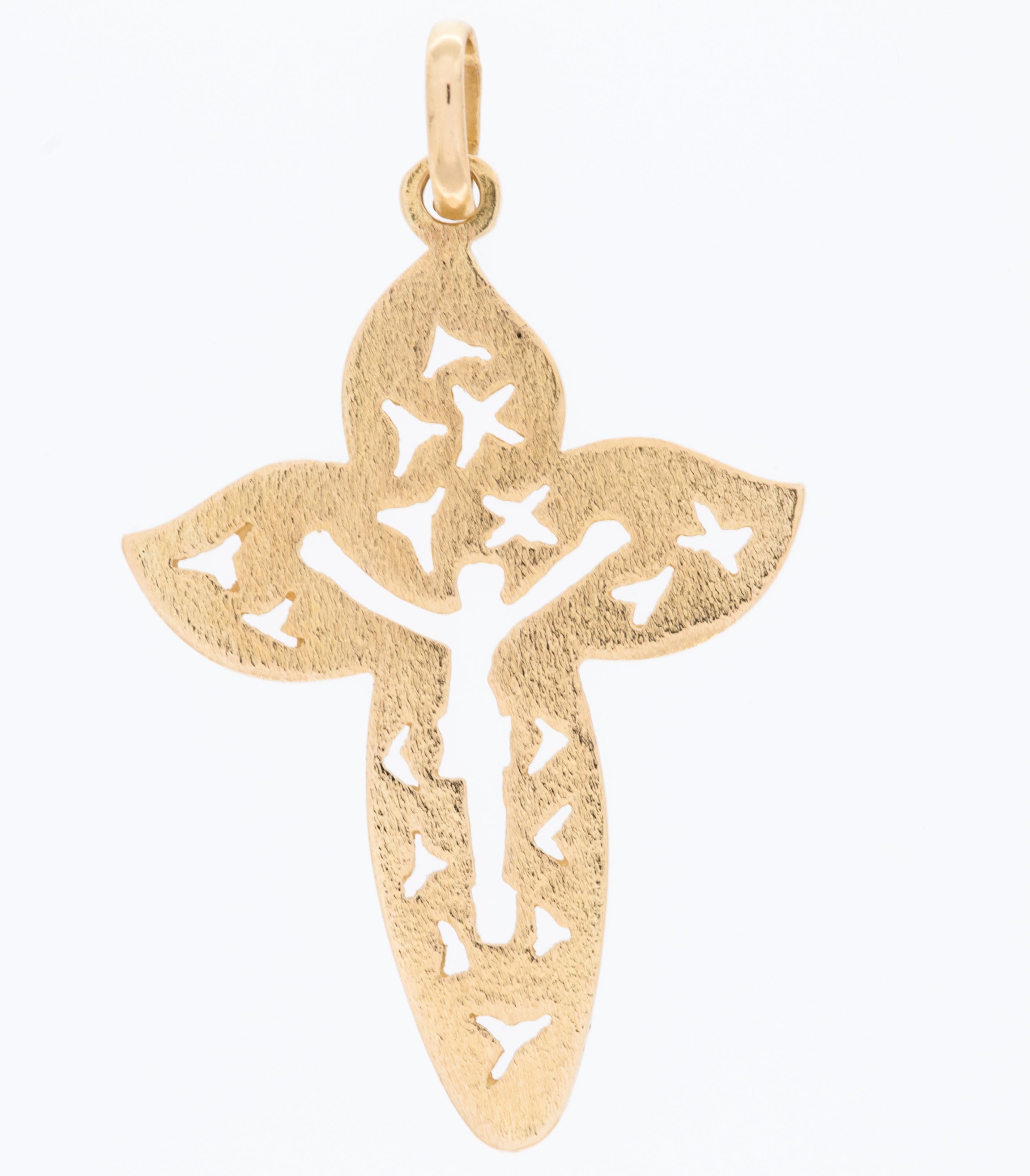 The Italian 18kt Yellow Gold Satin Cross is a beautifully crafted and symbolic piece of religious jewelry. This elegant cross pendant is made from high-quality 18-karat yellow gold, giving it a rich and luxurious appearance.

The surface of the