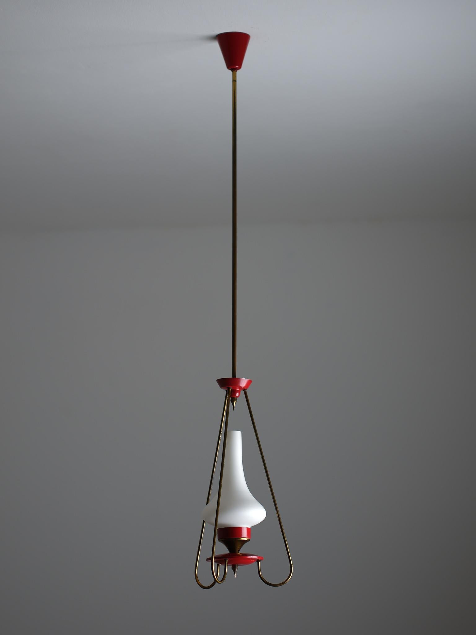 Mid-Century Modern Italian Pendant Lamp in Brass, Red Metal and Opaline Glass, 1950s For Sale