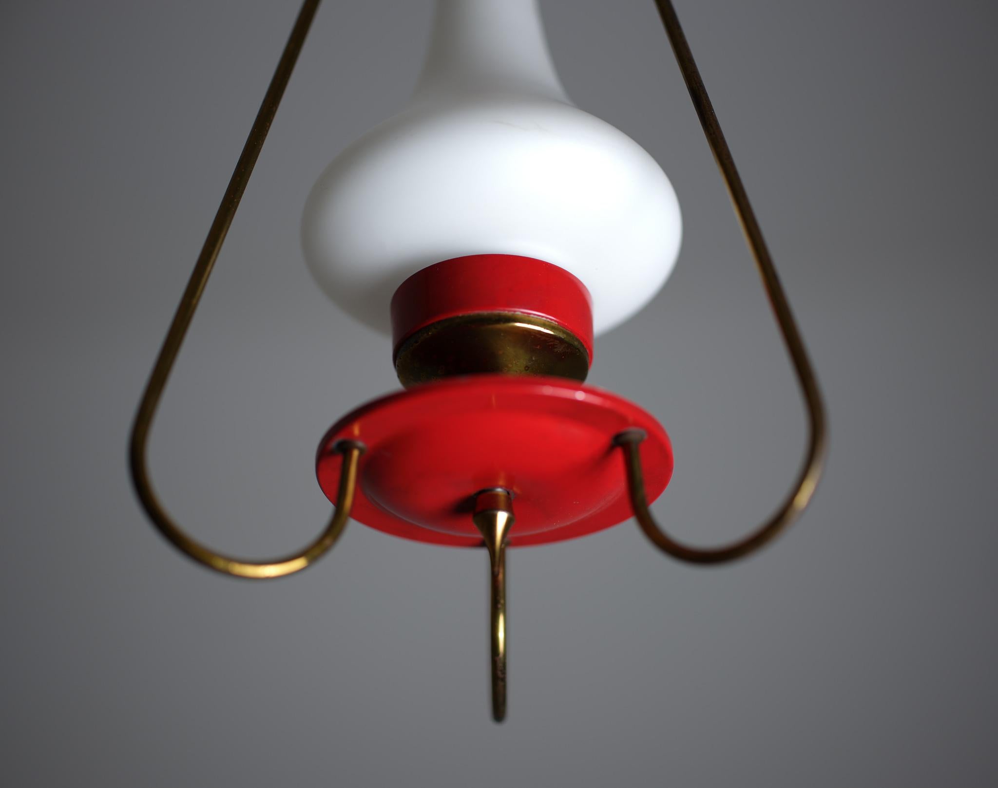 Mid-20th Century Italian Pendant Lamp in Brass, Red Metal and Opaline Glass, 1950s For Sale