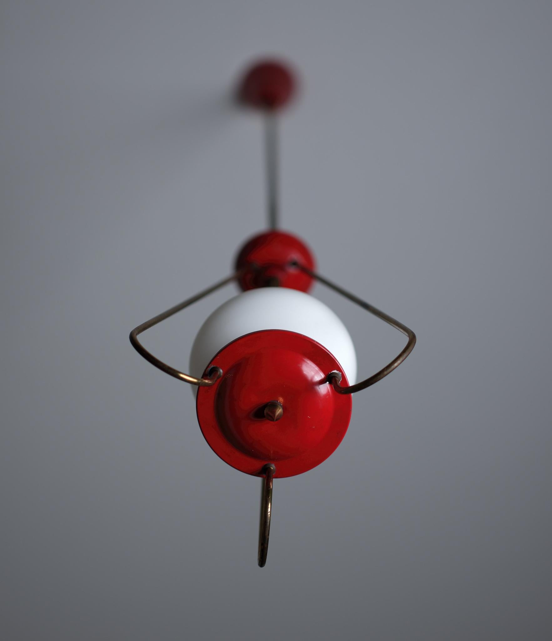 Italian Pendant Lamp in Brass, Red Metal and Opaline Glass, 1950s For Sale 1