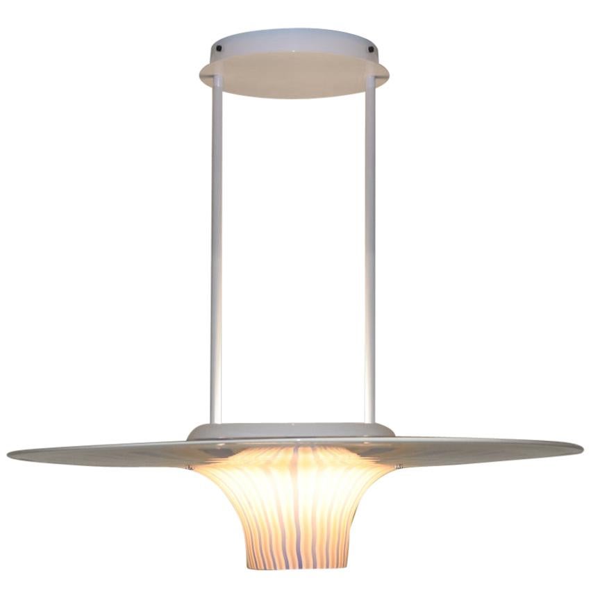 Italian Pendant Lamp Murano Hand Blown White Smoked Glass "Filigrana" Blue Grey For Sale