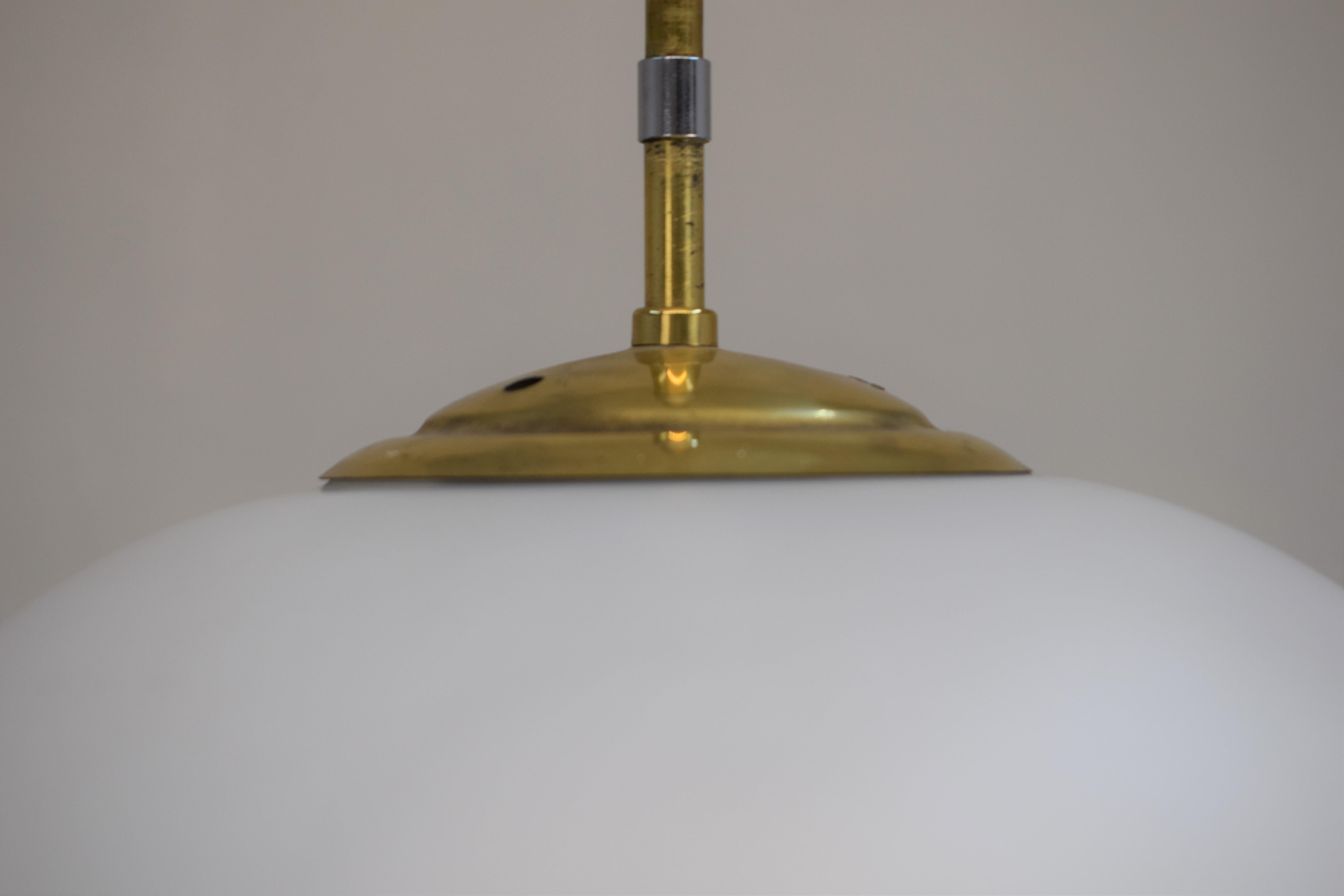 Brass Italian pendant lamp, opaline and brass, 1950s For Sale