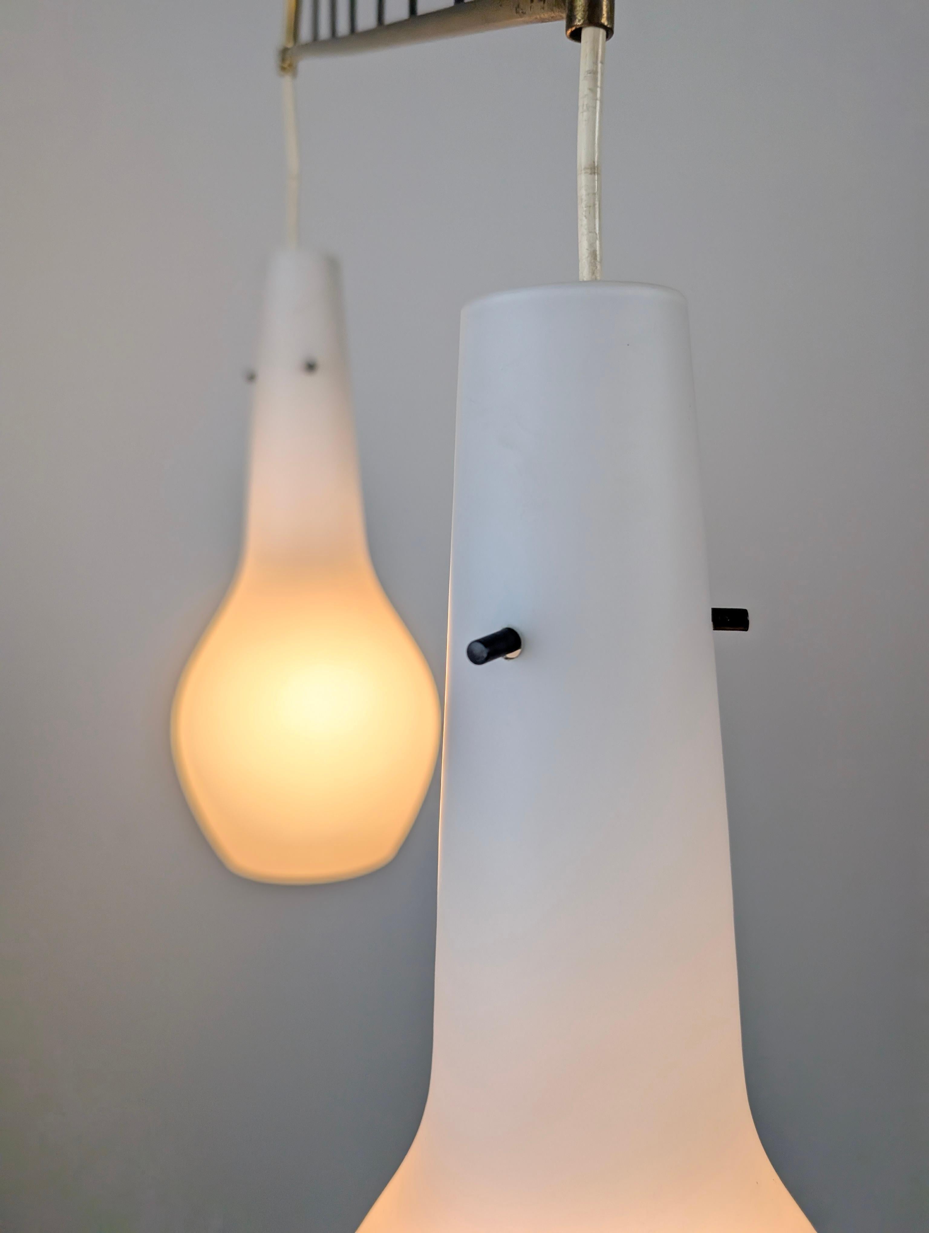 Italian Pendant Lamp with Opaline Shades & Brass, Stilnovo Style, 1950s For Sale 7