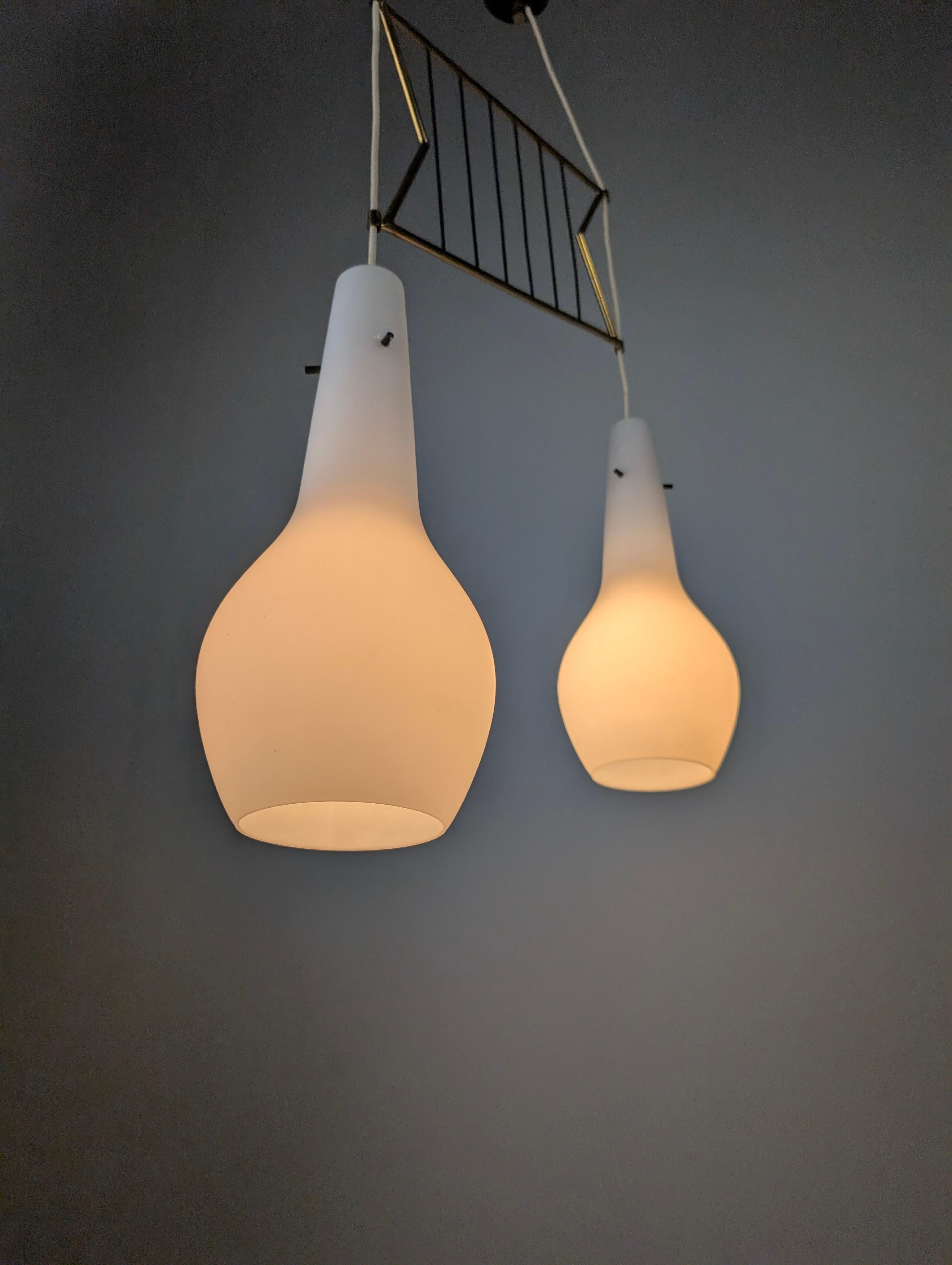 Mid-Century Modern Italian Pendant Lamp with Opaline Shades & Brass, Stilnovo Style, 1950s For Sale
