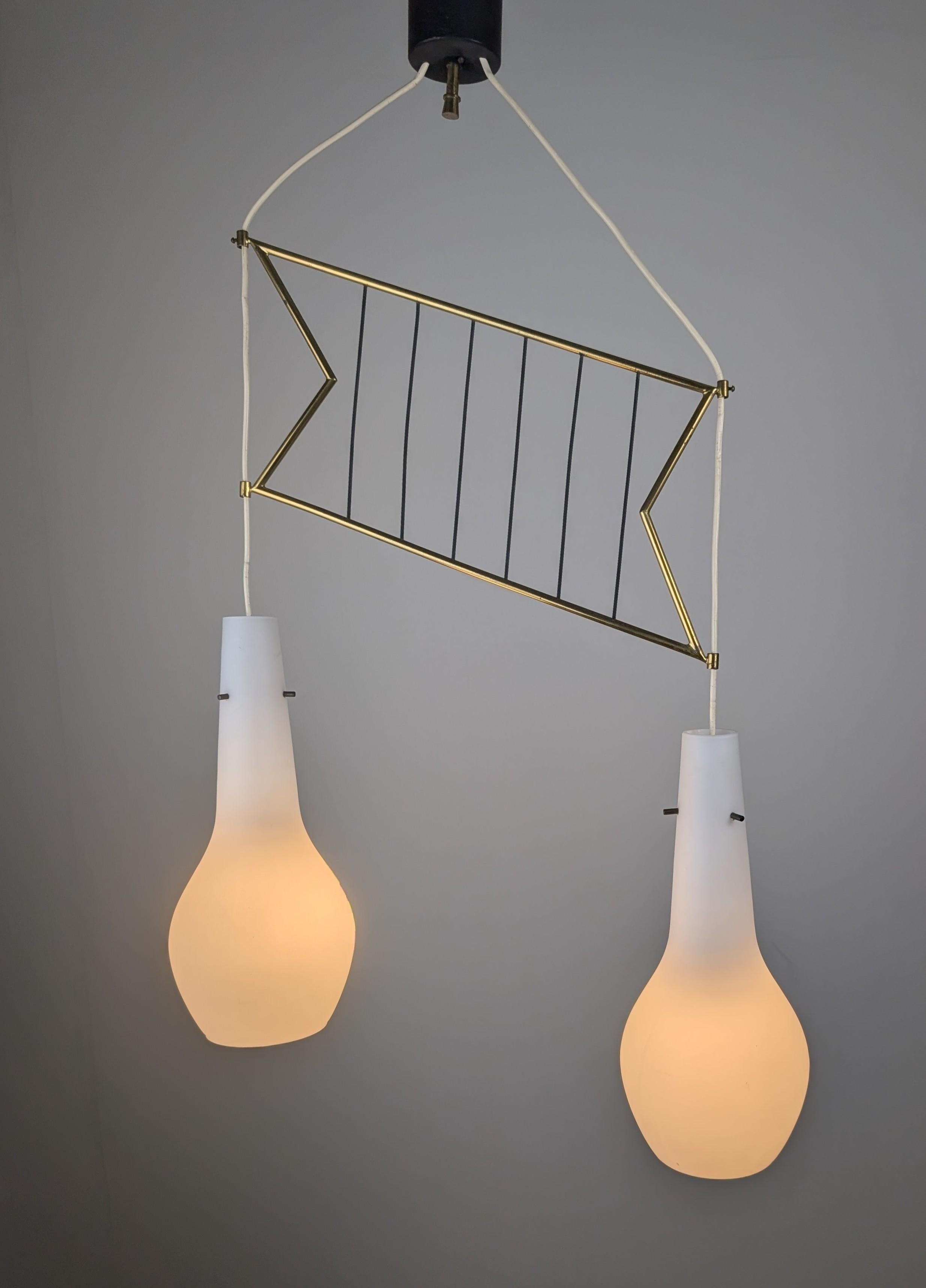 Mid-20th Century Italian Pendant Lamp with Opaline Shades & Brass, Stilnovo Style, 1950s For Sale