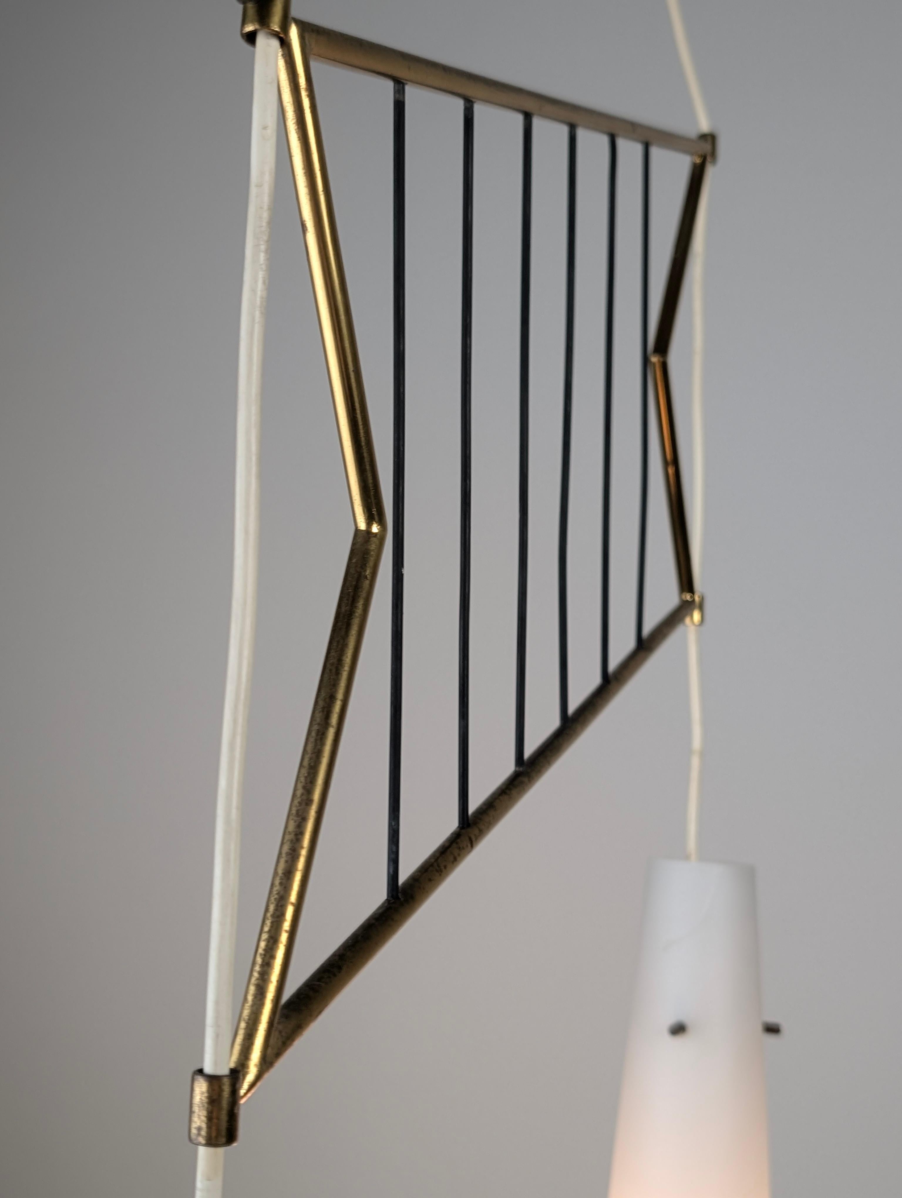 Italian Pendant Lamp with Opaline Shades & Brass, Stilnovo Style, 1950s For Sale 3