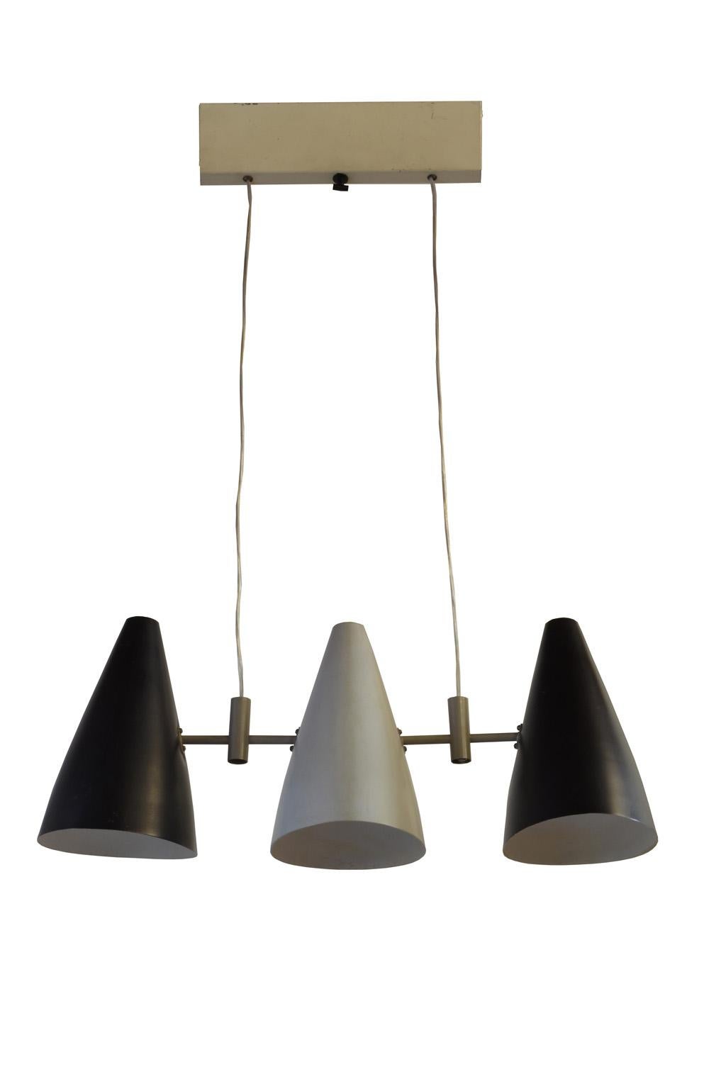 Italian Pendant Lamp with Three Lights, 1950s, Lacquered in Black and Gray (Italienisch) im Angebot
