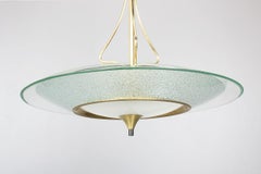 Italian pendant light in glass, black metal and brass, 1950