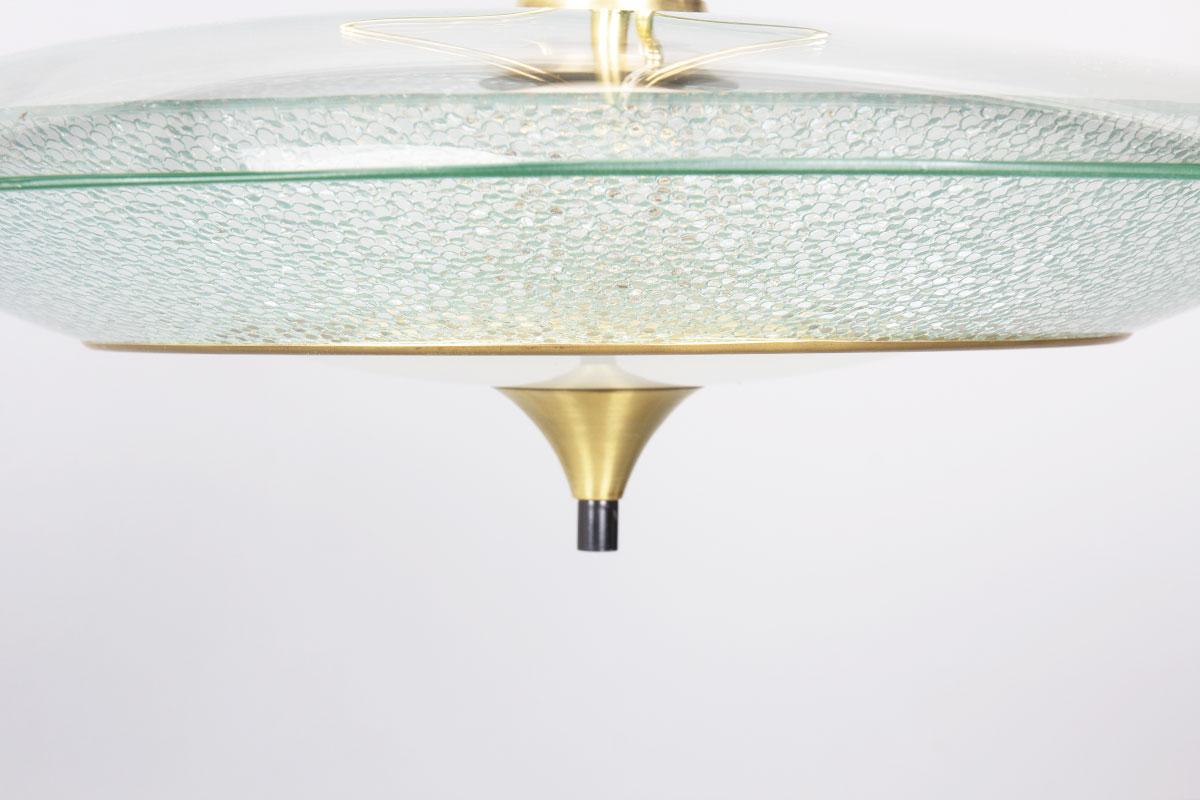 Italian pendant light in glass, black metal and brass, 1950 In Good Condition For Sale In JASSANS-RIOTTIER, FR